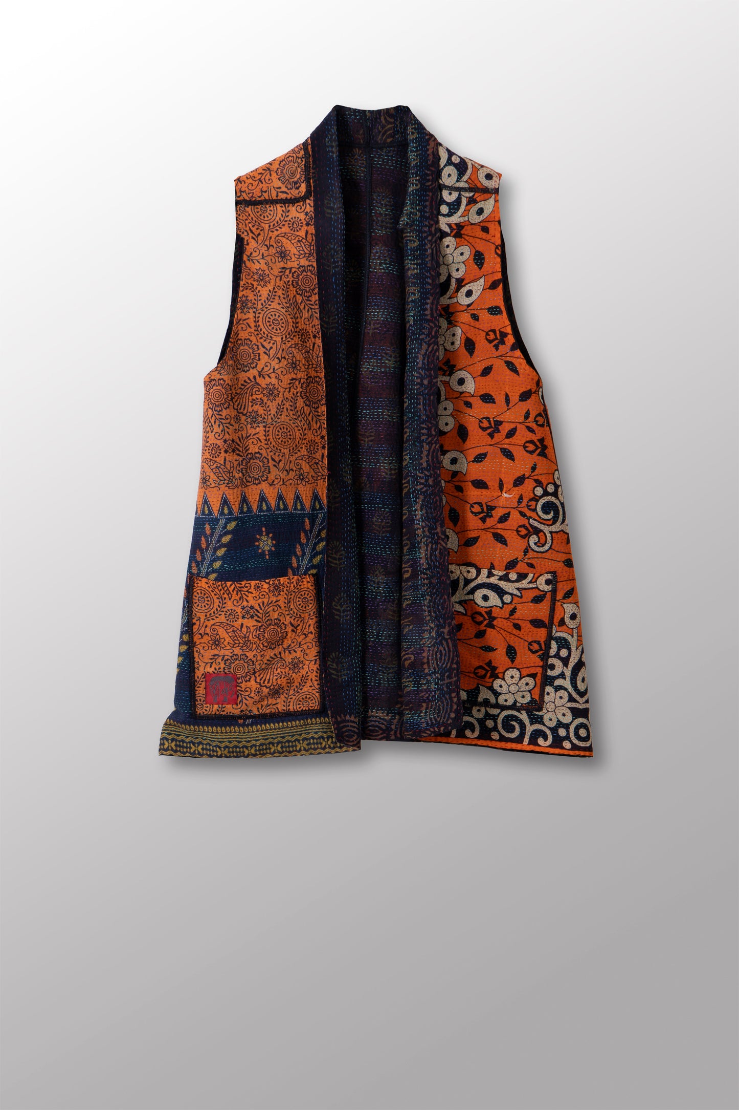 VINTAGE SILK GEORGETTE COTTON KANTHA KIMONO VEST SHORT - gc2248-0001m -