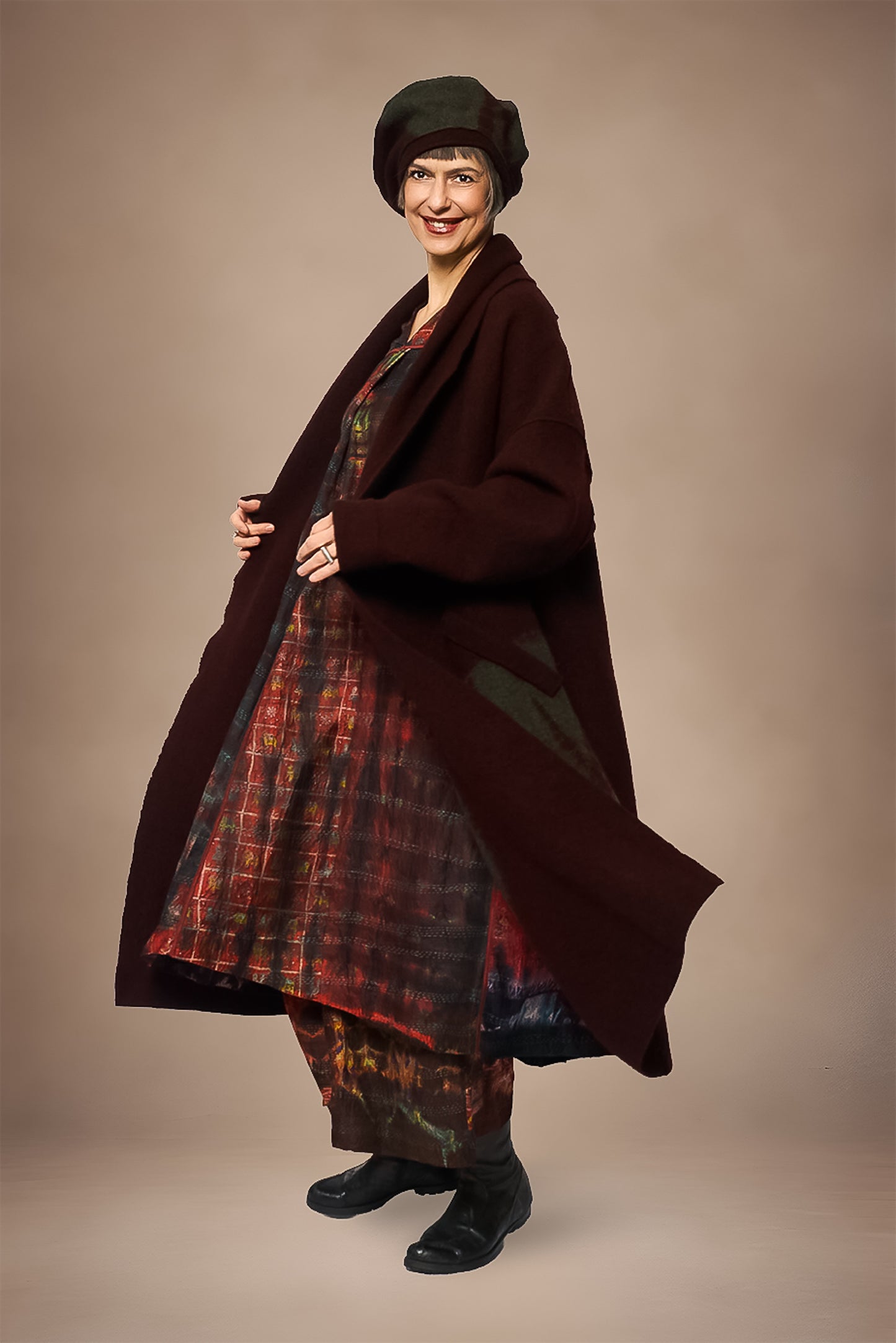 CIRCLE TIE DYE BOILED WOOL NEW SHAWL COAT LONG - tw1362-brn -