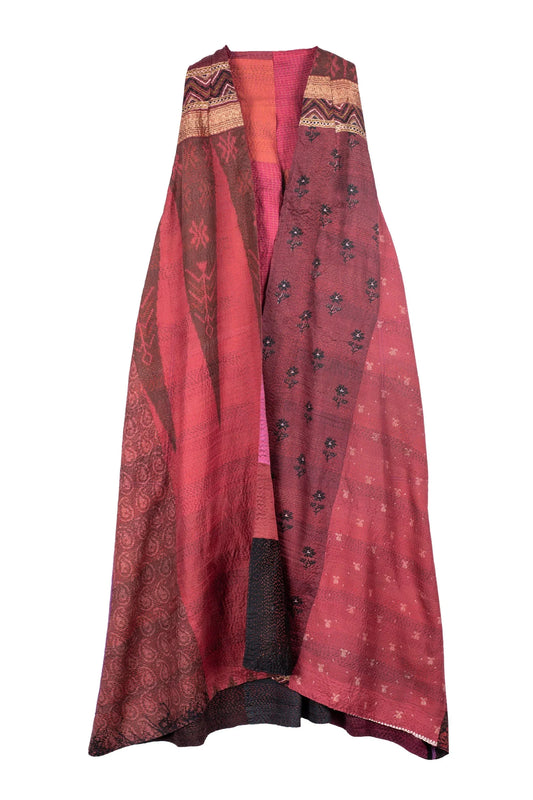 VINTAGE SILK PATCH KANTHA  BACK PLEATED VEST MAXI - vp2222-red -