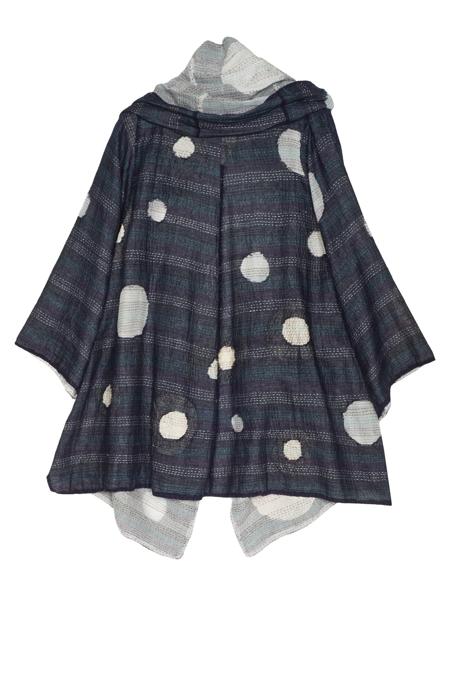 CUT THROUGH DOT AND HOLES KANTHA HOODED A-LINE JKT - cd2050-blu -