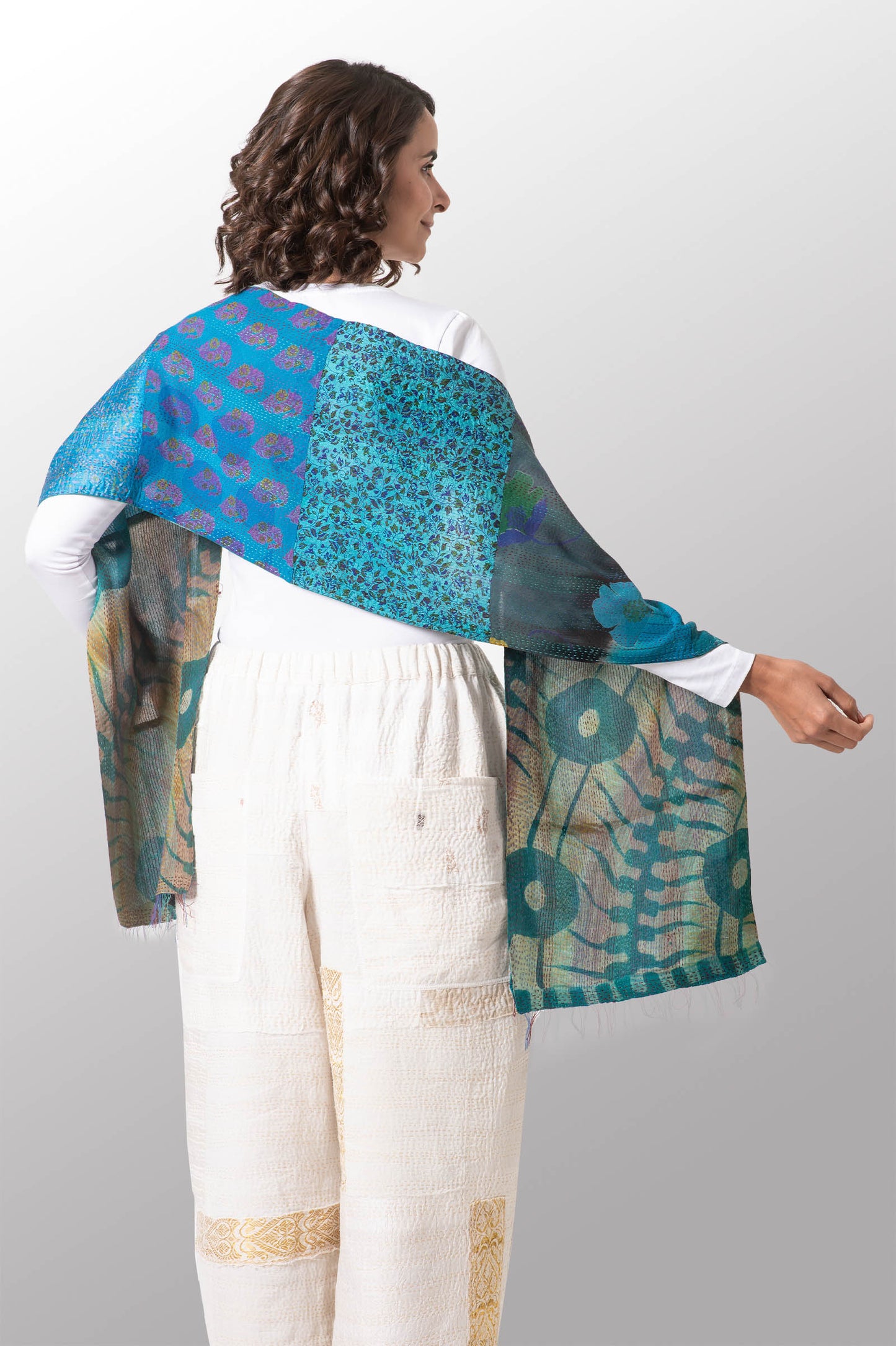 GEORGETTE VINTAGE SILK PATCH KANTHA SCARF SHORT - gs2805-tel -