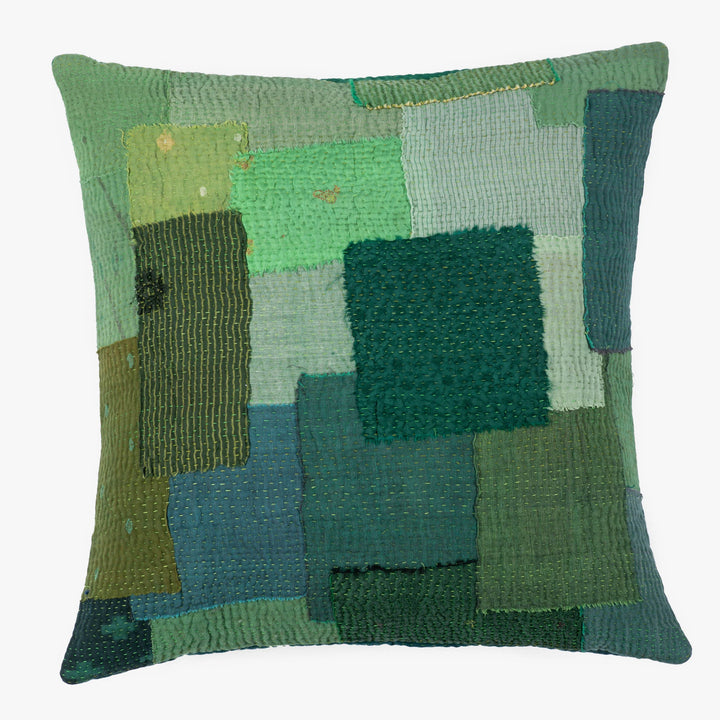 Landscape Fray Path vintage Kantha Pillow - Green