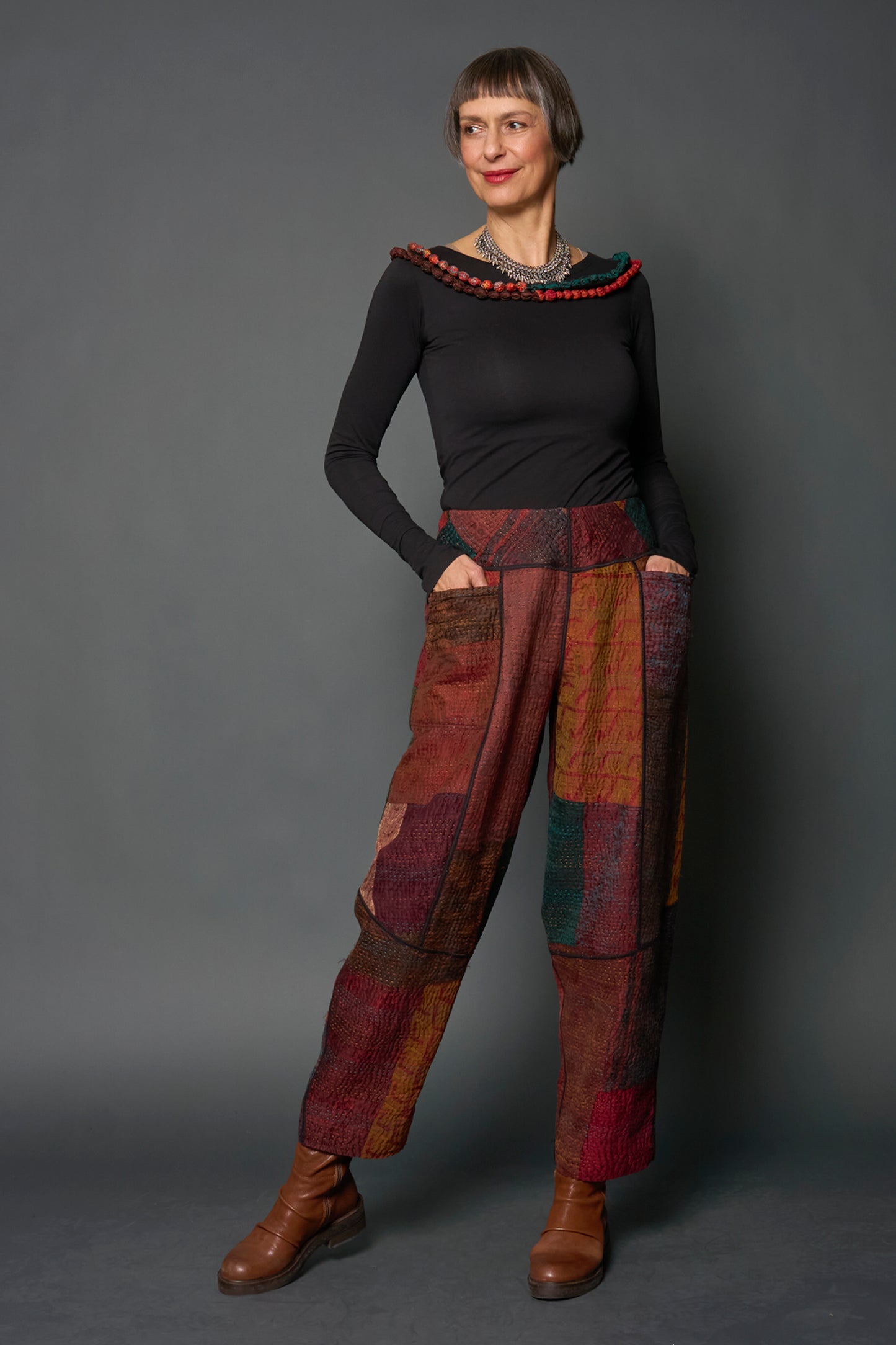 JACQUARD SILK KANTHA PANELED LANTERN PANTS - js4675-brn -