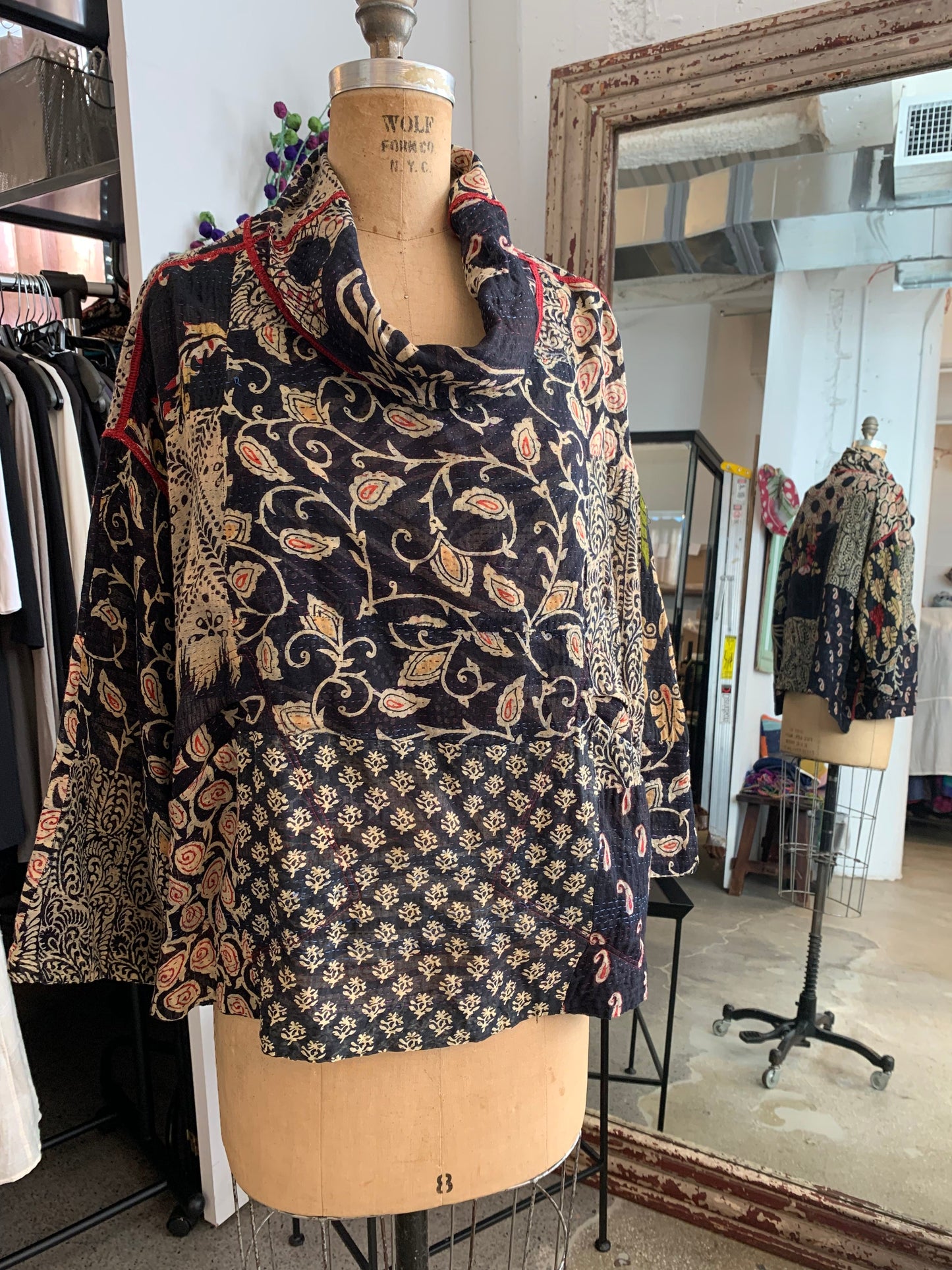 PATCHED PRINT KANTHA COWL PULLOVER - pp2547-blk -