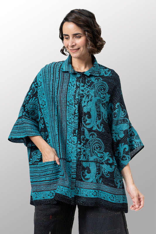 COTTON PAISLEY KANTHA WIDE SHIRT - cp2546-tel -