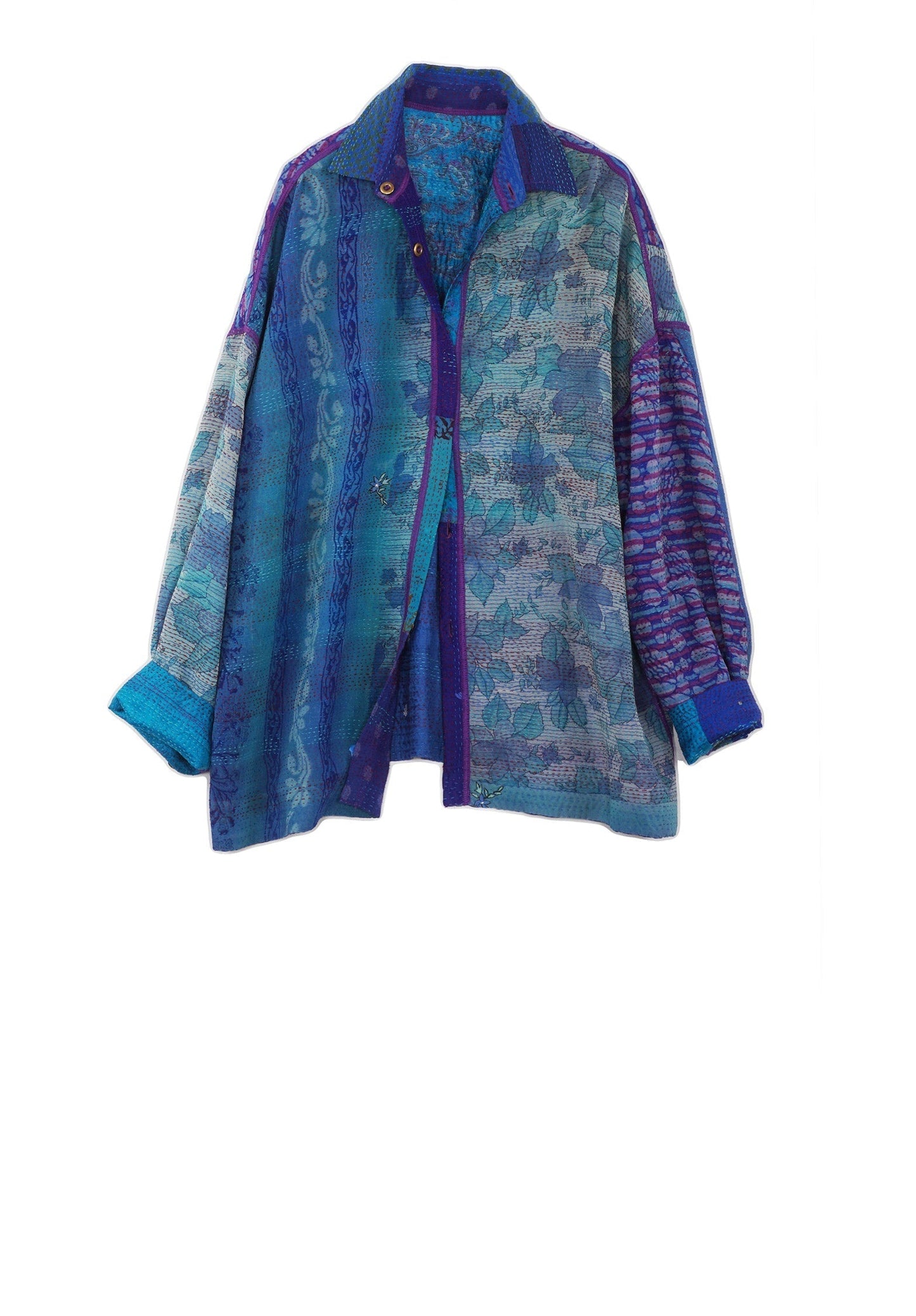 GEORGETTE VINTAGE SILK PATCH KANTHA CAMP SHIRT - gs2525-blu -