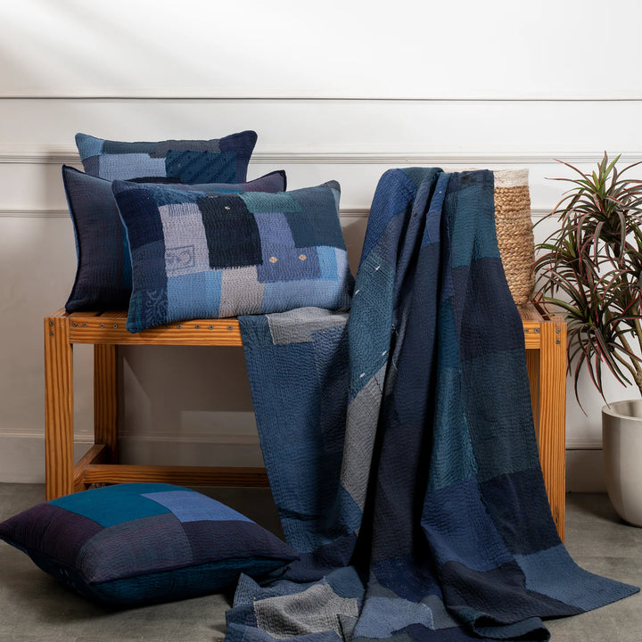 Landscape Fray Patch vintage Kantha Quilts - Navy