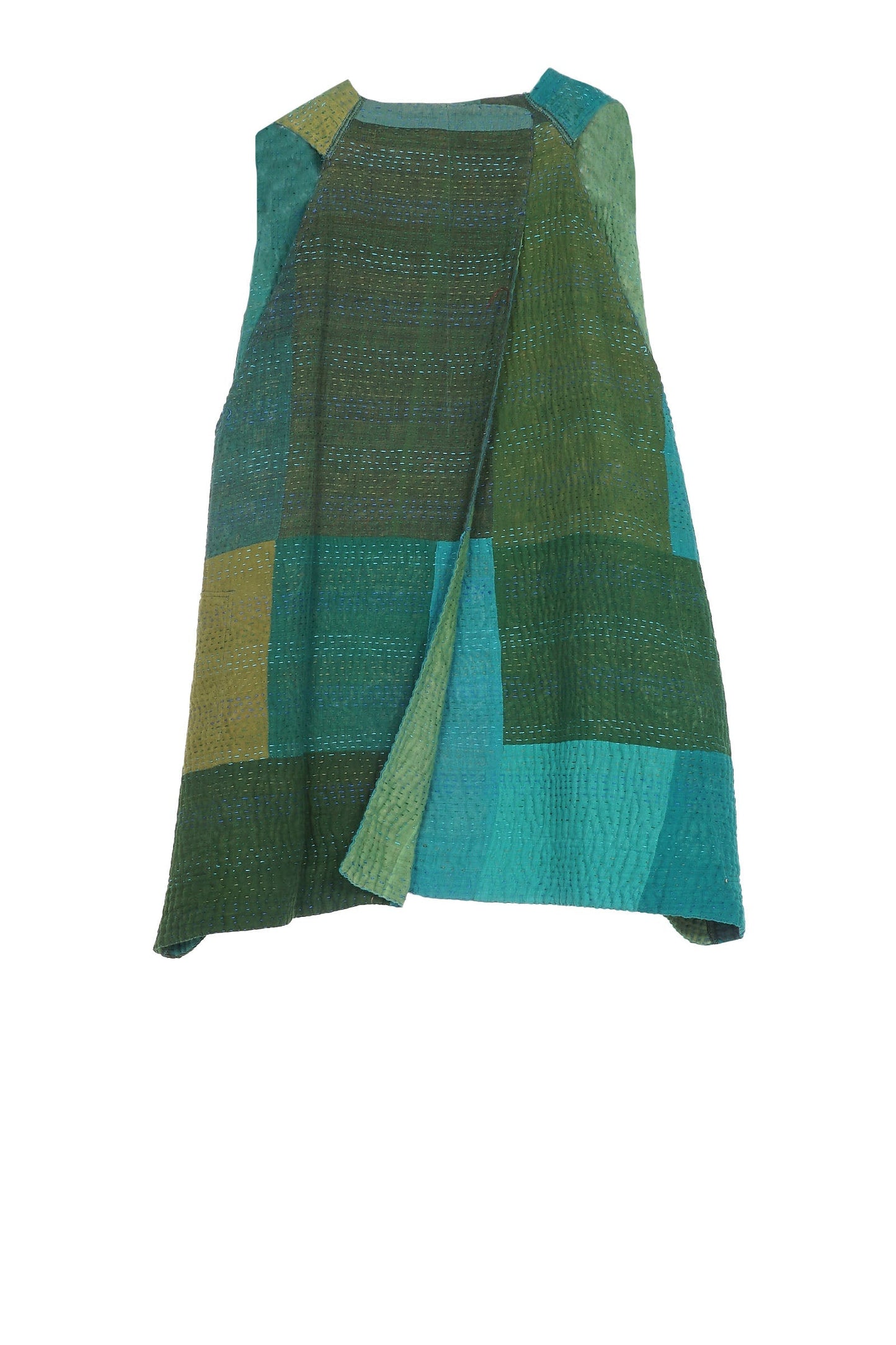 OMBRE PATCHED KANTHA BACK PLEATED VEST SHORT - op4223-grn -
