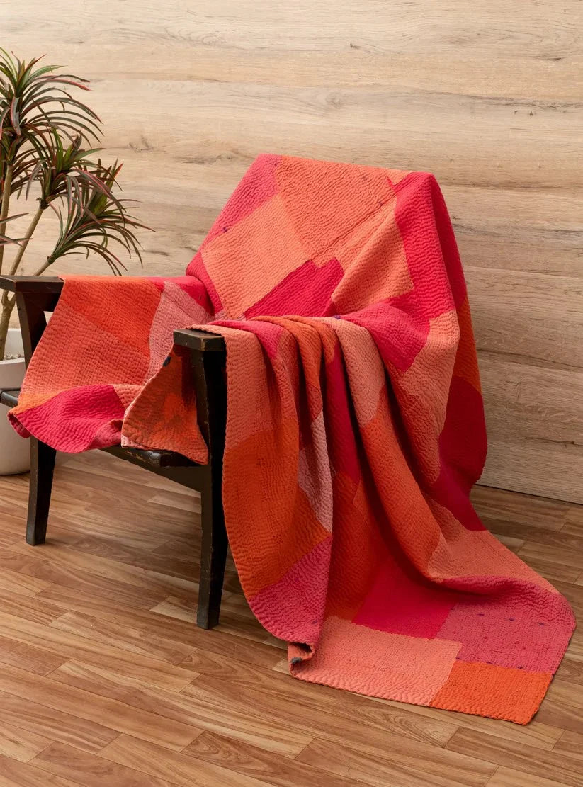 Mosaic Fray Patch Vintage Kantha Throw -Carrots
