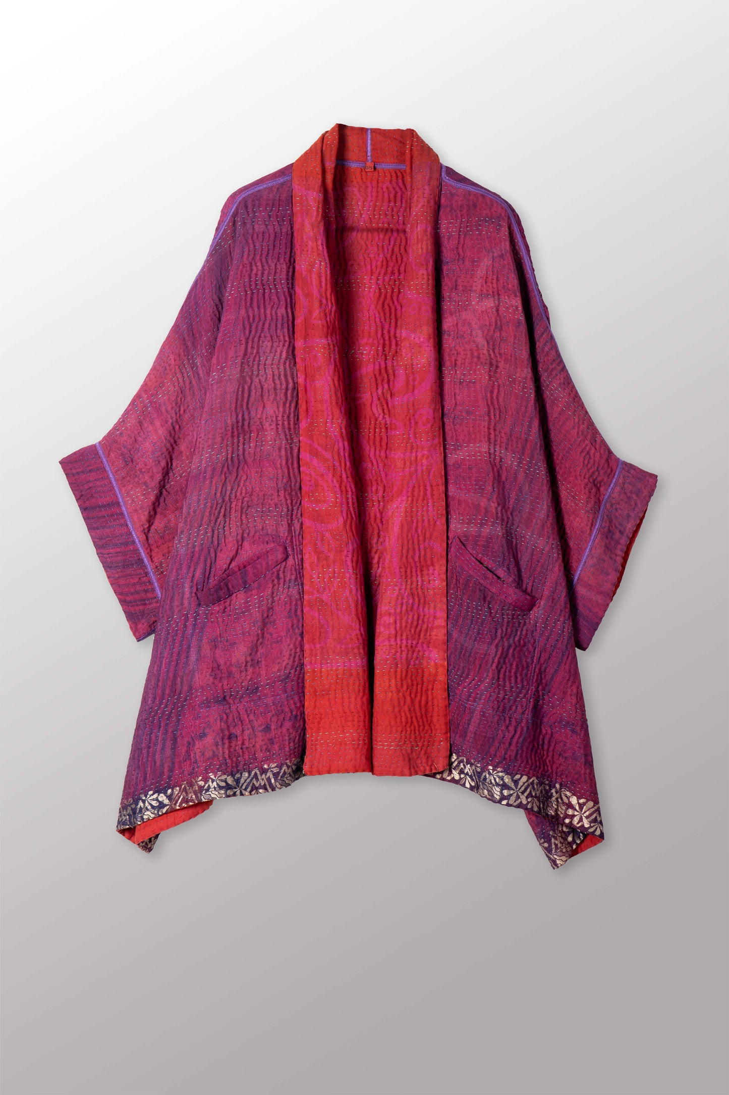 VINTAGE SILK GEORGETTE COTTON KANTHA DOUBLE COLLAR PONCHO - gc4323-0001a -