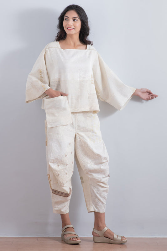 FRAYED PATCH KANTHA 3/4 SLV. CROP TOP MIO - fi2538-ivy -