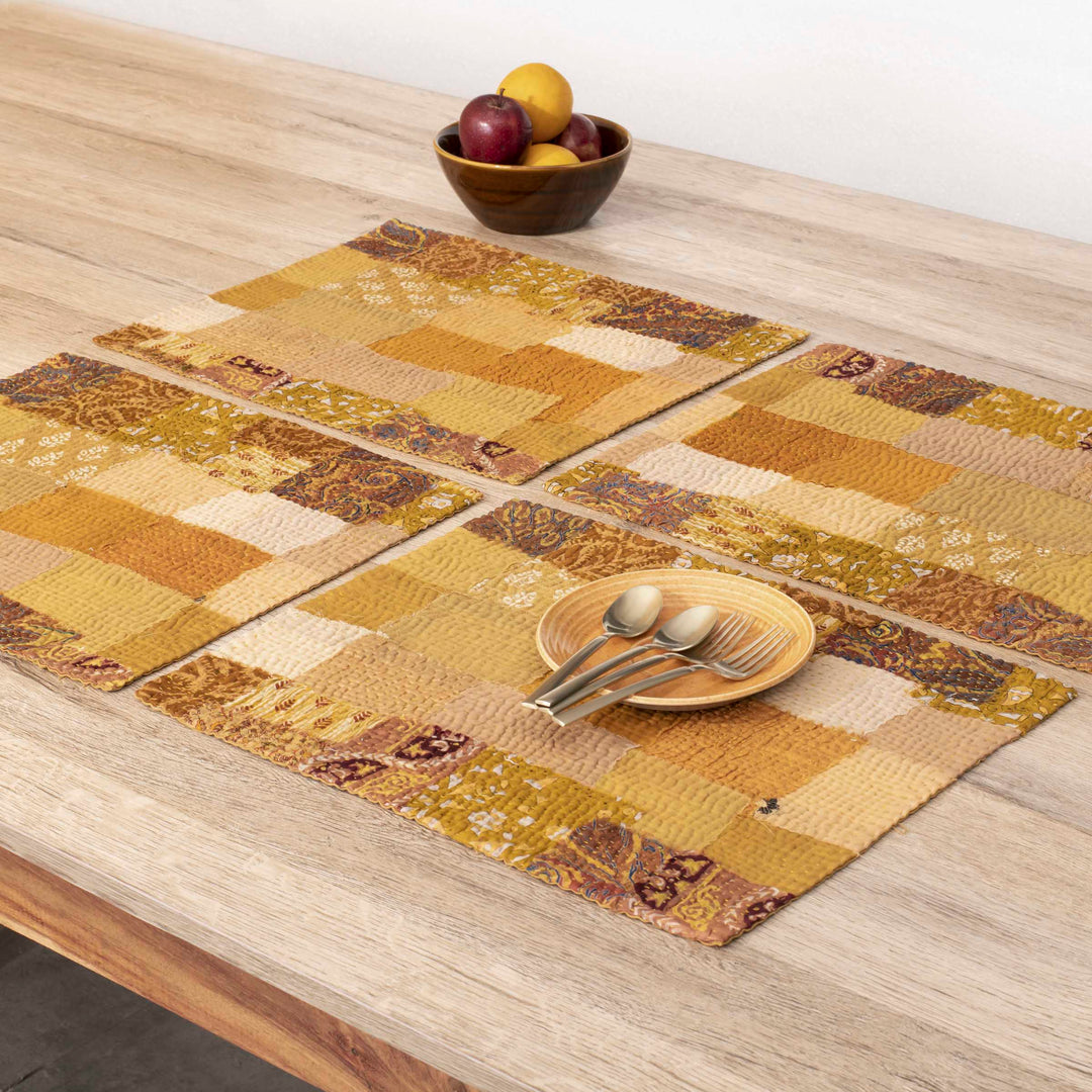 Printed Fray Patch  Kantha Placemats - Golden (Set of 2)