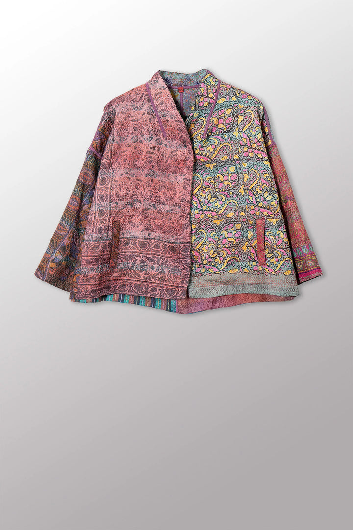 VINTAGE SILK KANTHA STAND COLLAR CROPPED JKT - sv2034-0017a -
