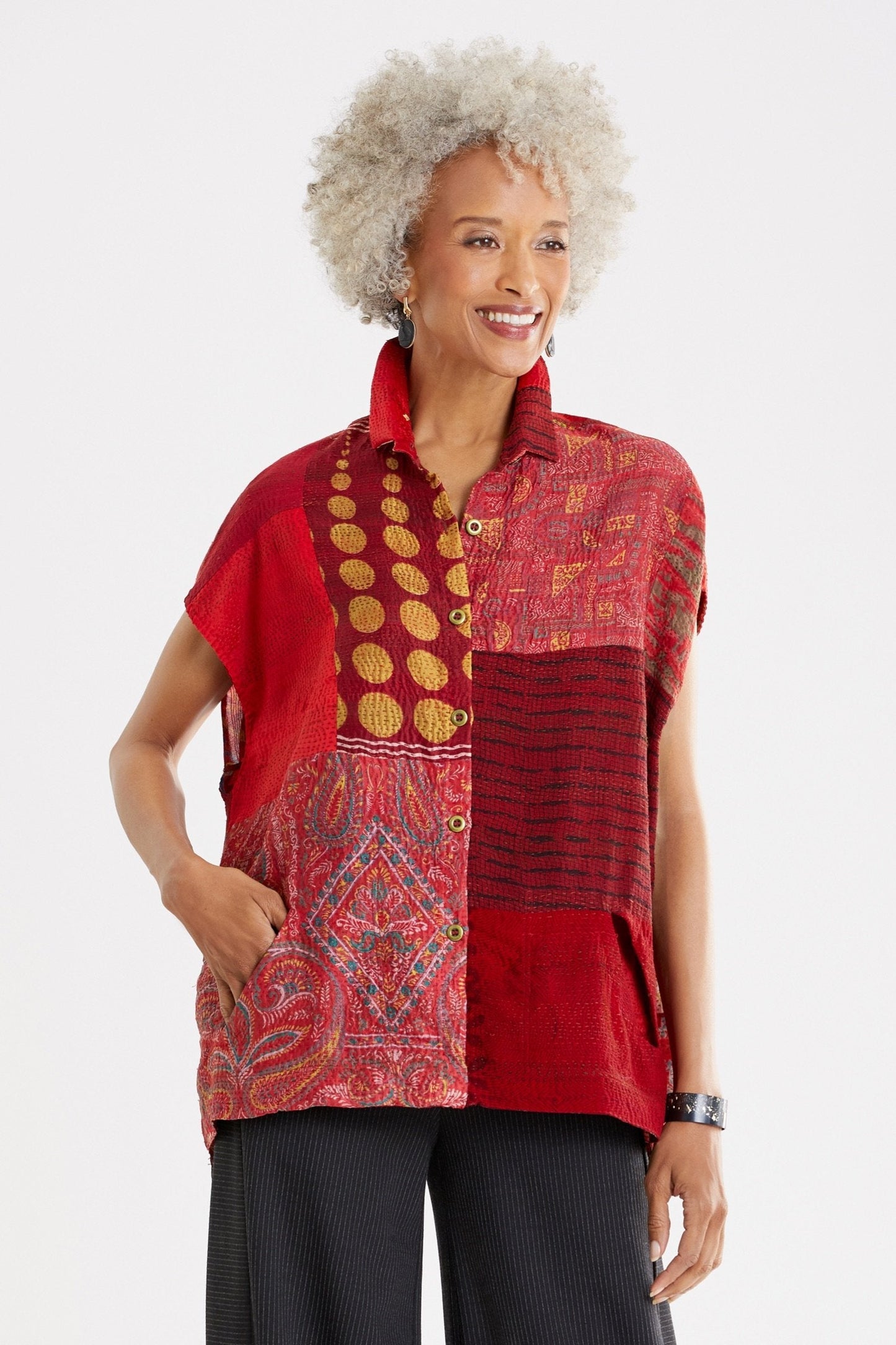 GEORGETTE VINTAGE SILK PATCH KANTHA CAP SLV. SHIRT - gs2530-red -