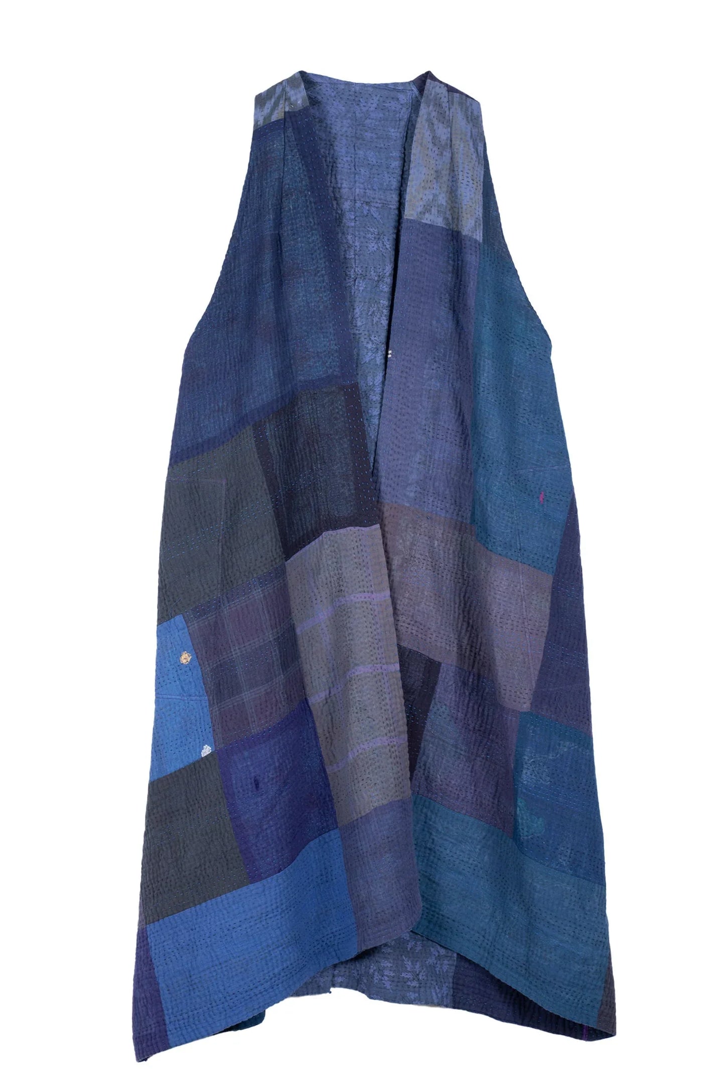 OMBRE PATCHED KANTHA BACK PLEATED VEST MAXI - op4222-blu -