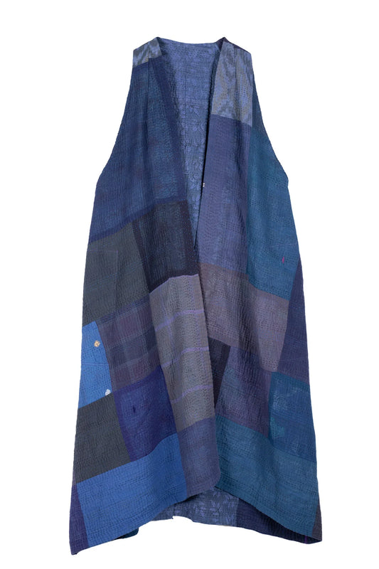 OMBRE PATCHED KANTHA BACK PLEATED VEST MAXI - op4222-blu -