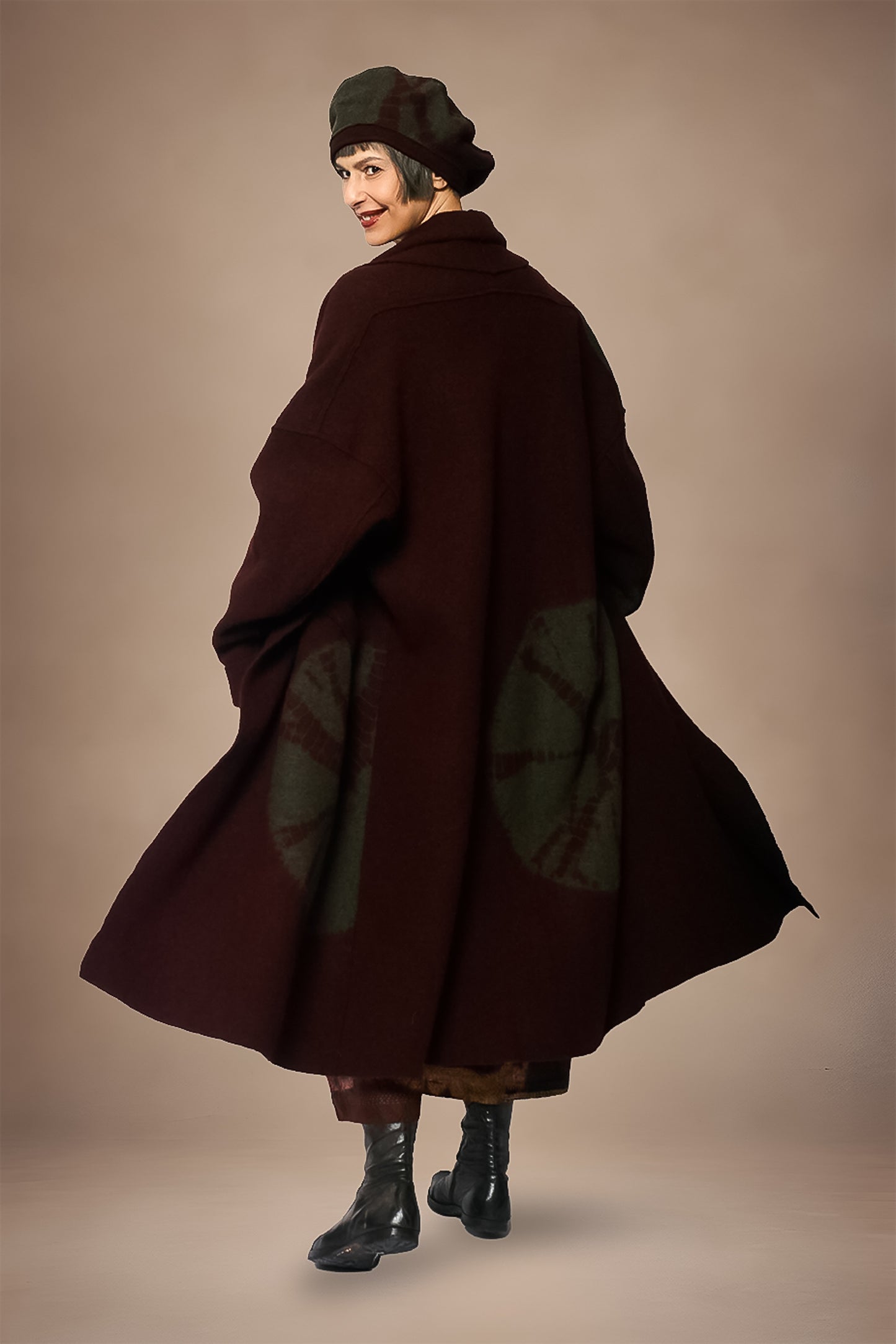 CIRCLE TIE DYE BOILED WOOL NEW SHAWL COAT LONG - tw1362-brn -