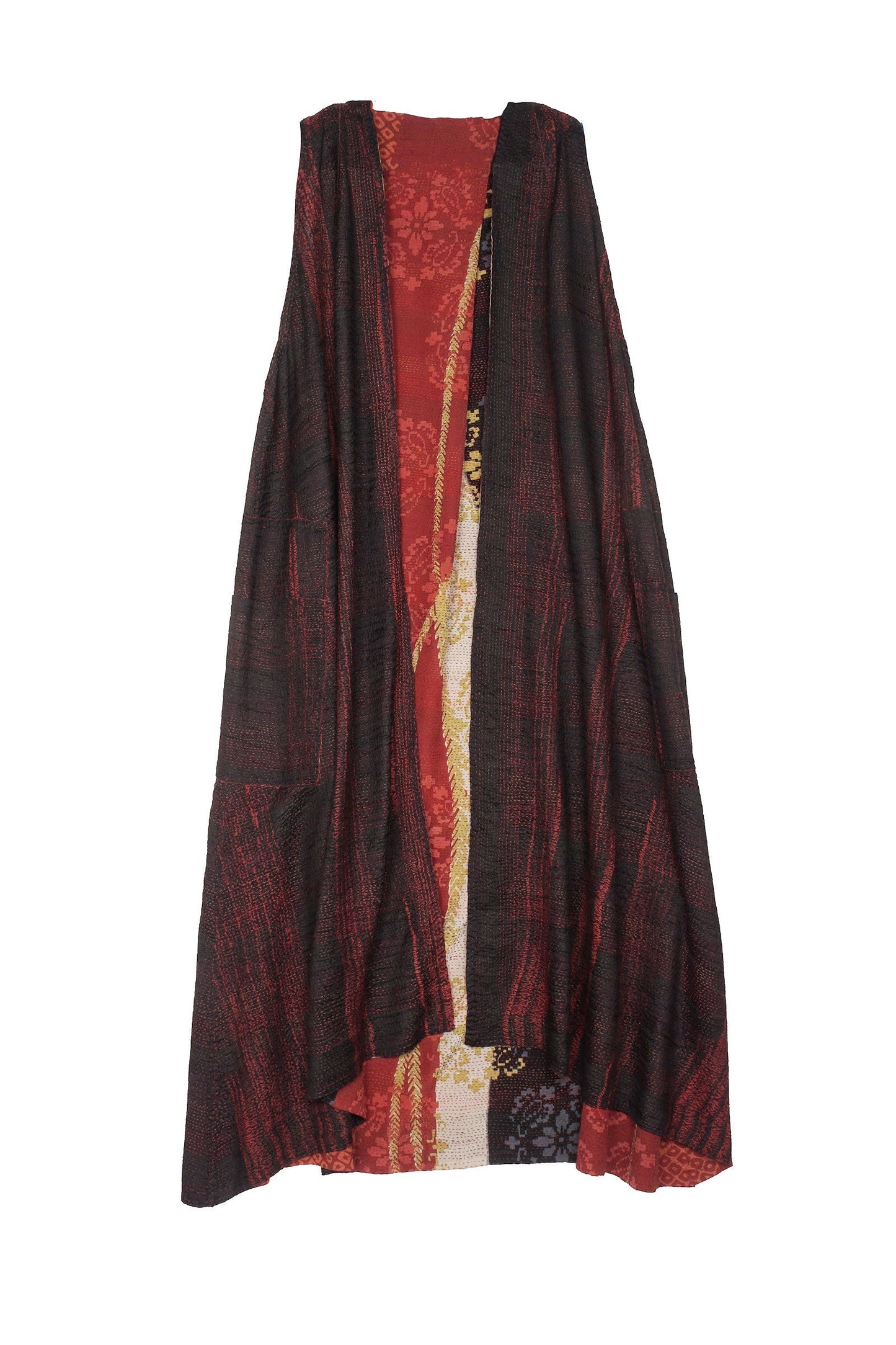 KIMONO PRINT KANTHA BACK PLEATED VEST MAXI - kp2222-red -