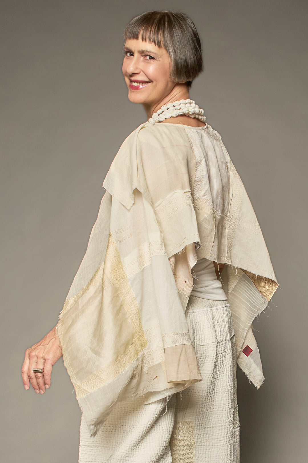 MOSAIC TILE PATCH KANTHA DOUBLE SCARF MINI PONCHO - mt1j114-ivy -