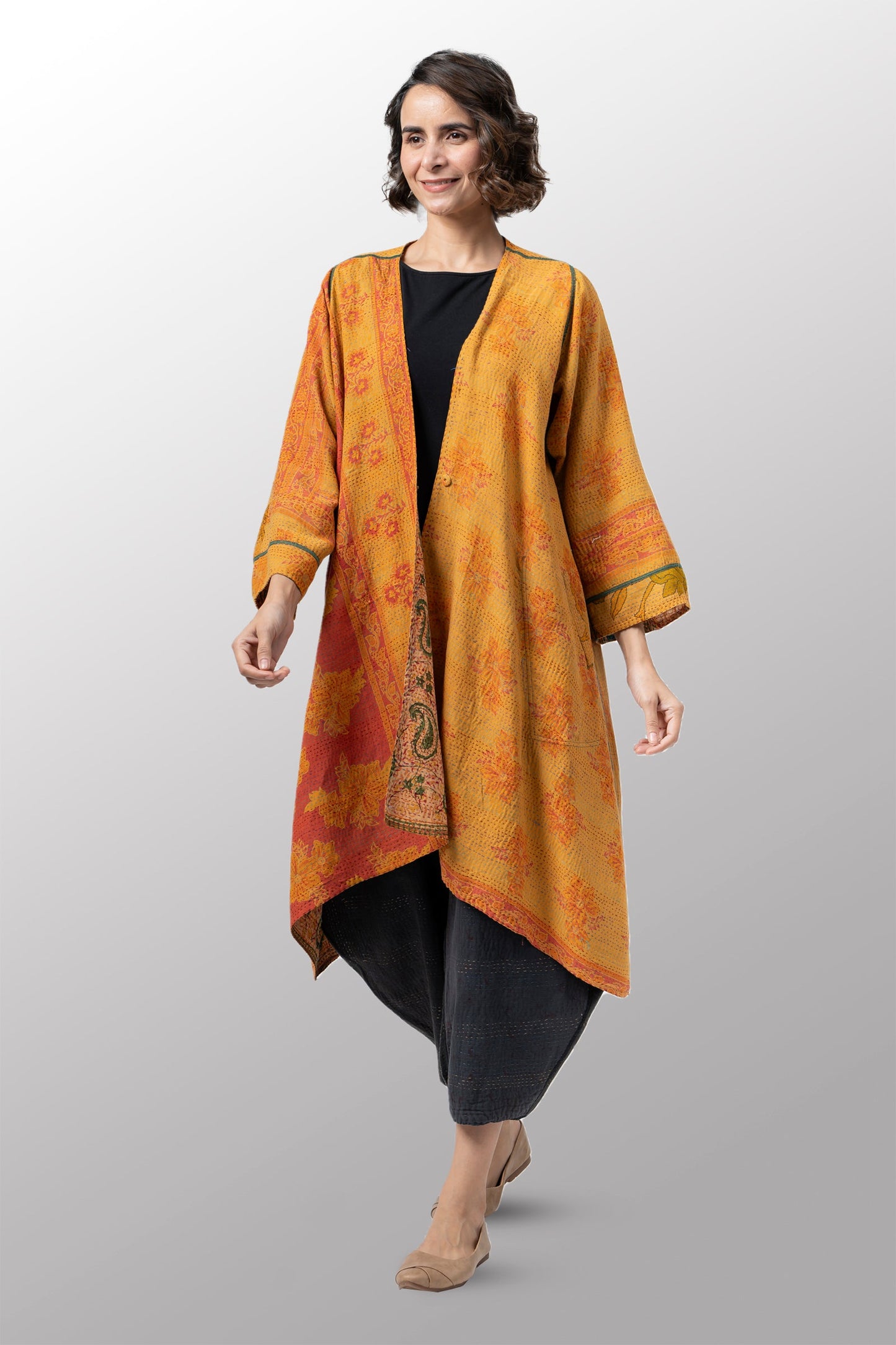 VINTAGE SILK GEORGETTE COTTON KANTHA WRAP FLARE COAT - gc2330-0001a -