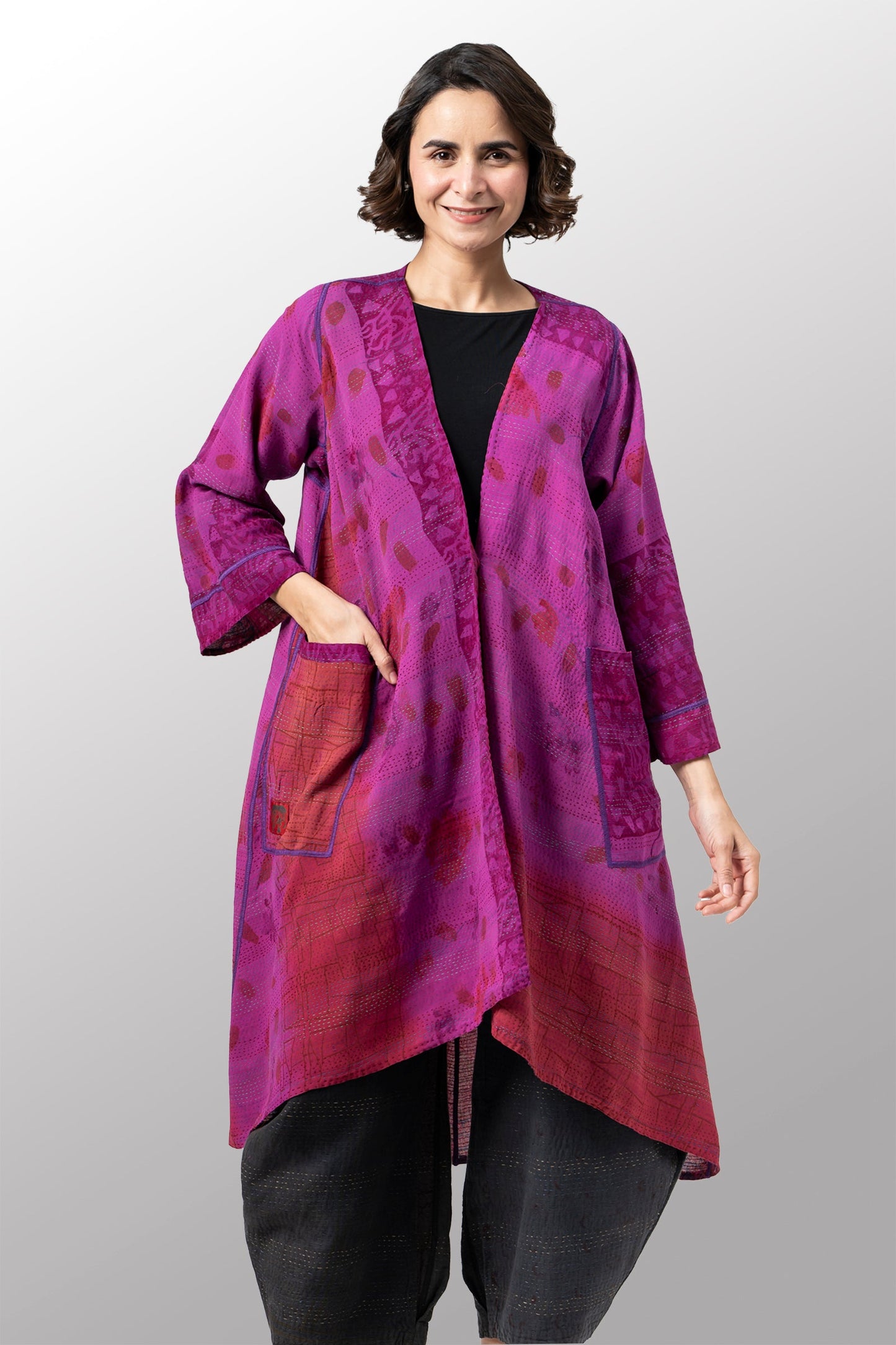VINTAGE SILK GEORGETTE COTTON KANTHA WRAP FLARE COAT - gc2330-0002a -