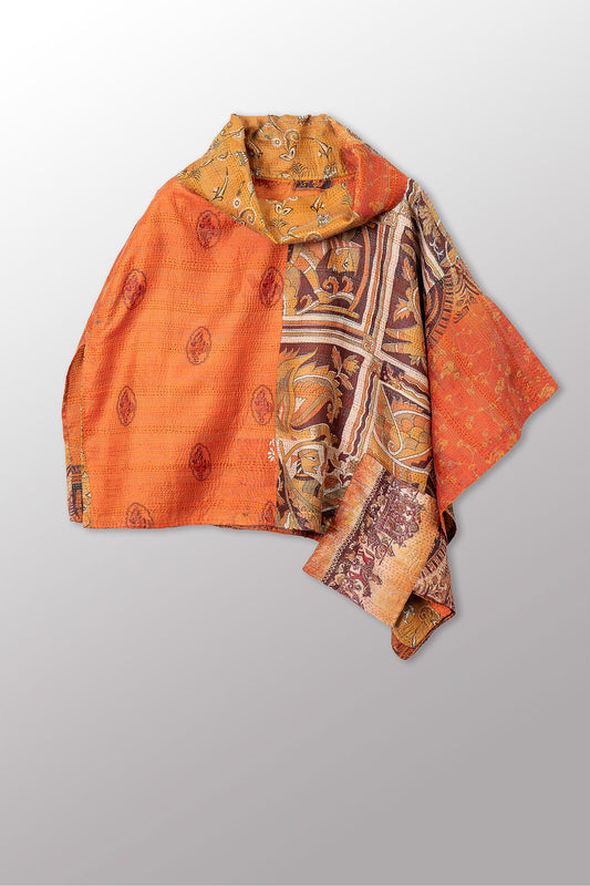VINTAGE SILK KANTHA COWL NECK LONG CAPE - sv2842-0009a -