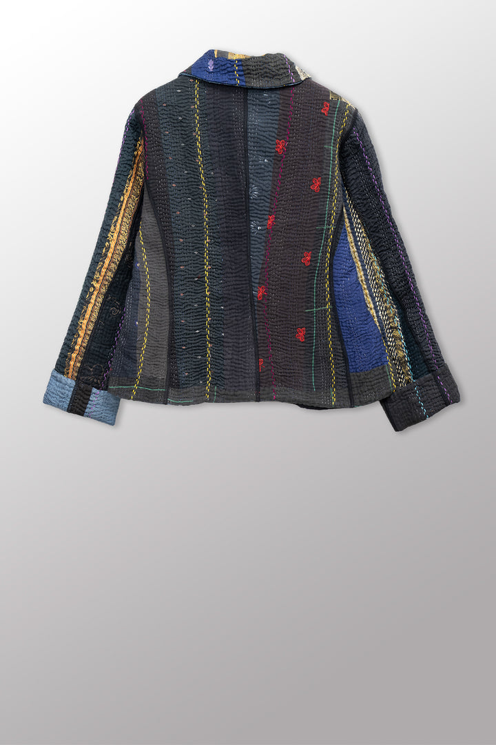 JEWEL WOVEN WITH VERTICAL PATCH KANTHA CROPPED BASIC JACKET - jv4096-blk -