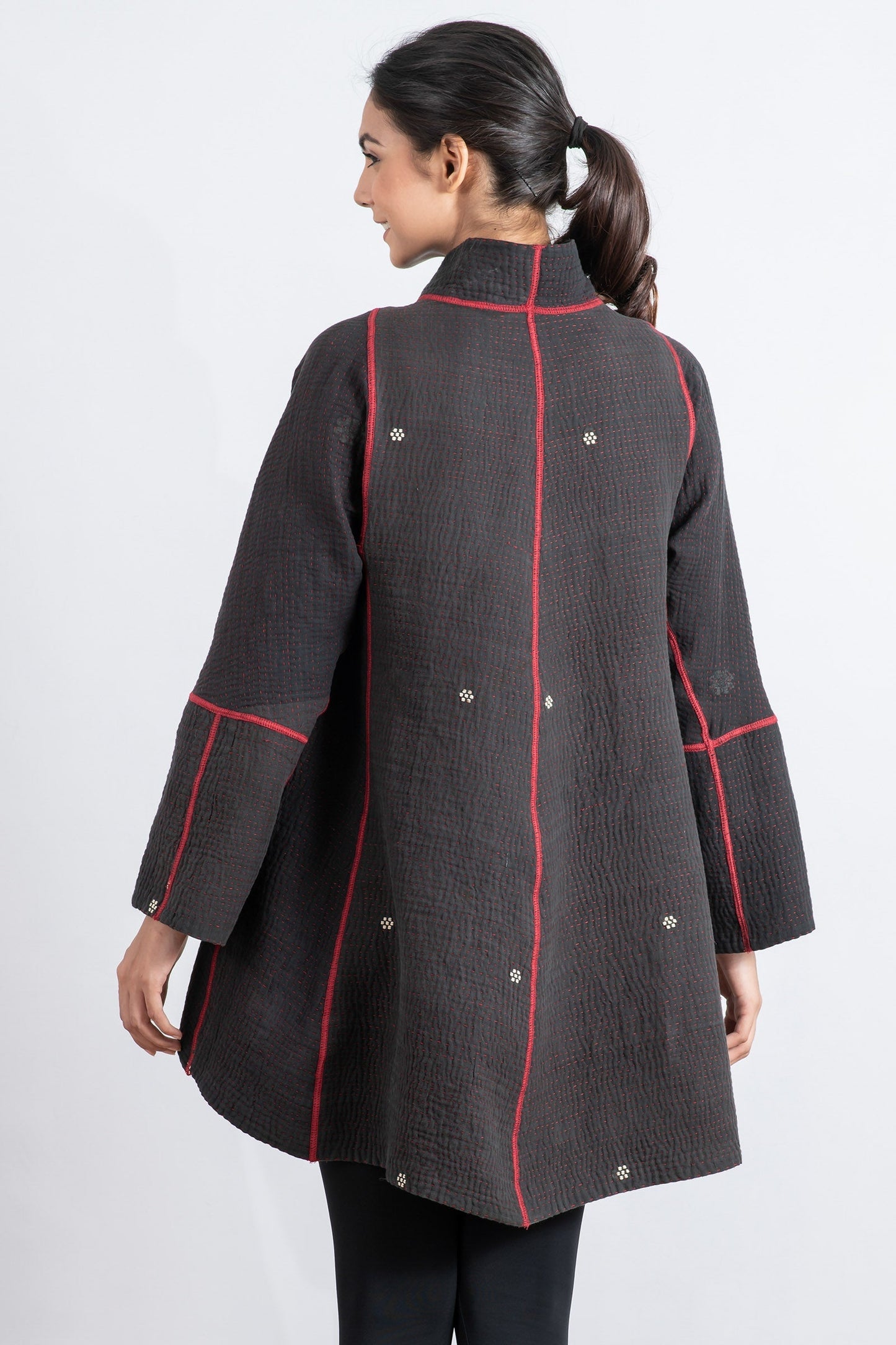 MONOTONE TWILIGHT PRINT KANTHA FLARE LONG JKT - tp4021-red -