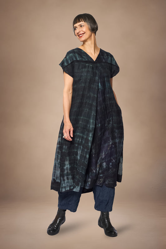 TIE DYE VINTAGE SILK KANTHA V-NECK FRENCH SLV. DRESS - st-sv2467-blk -