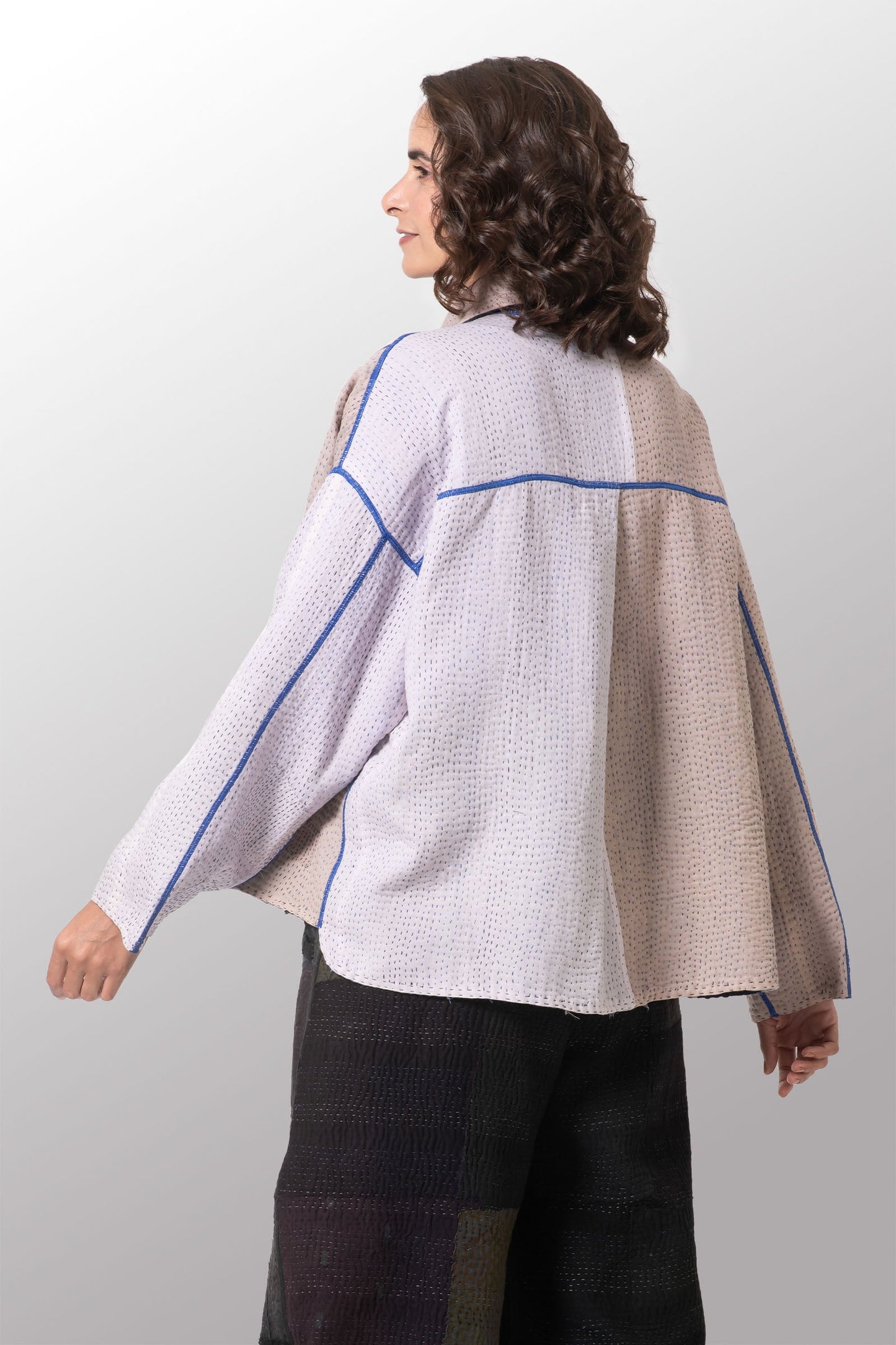 COTTON STRIPE PATCH KANTHA CROPPED SHIRT JACKET - cs4075-blu -