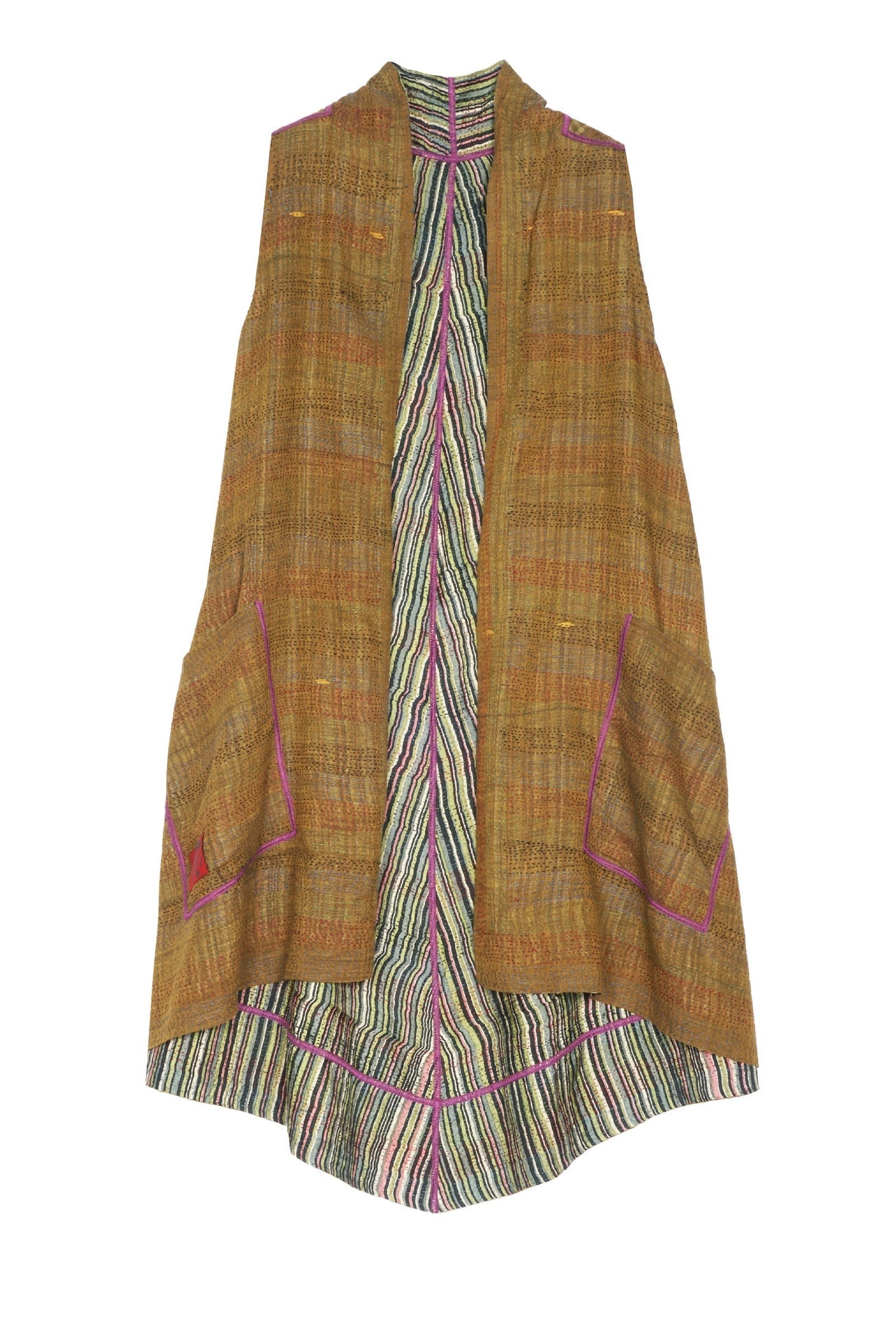 GREEN STRIPE W VINTAGE BACKING KANTHA A-LINE VEST - gt2203-grn -