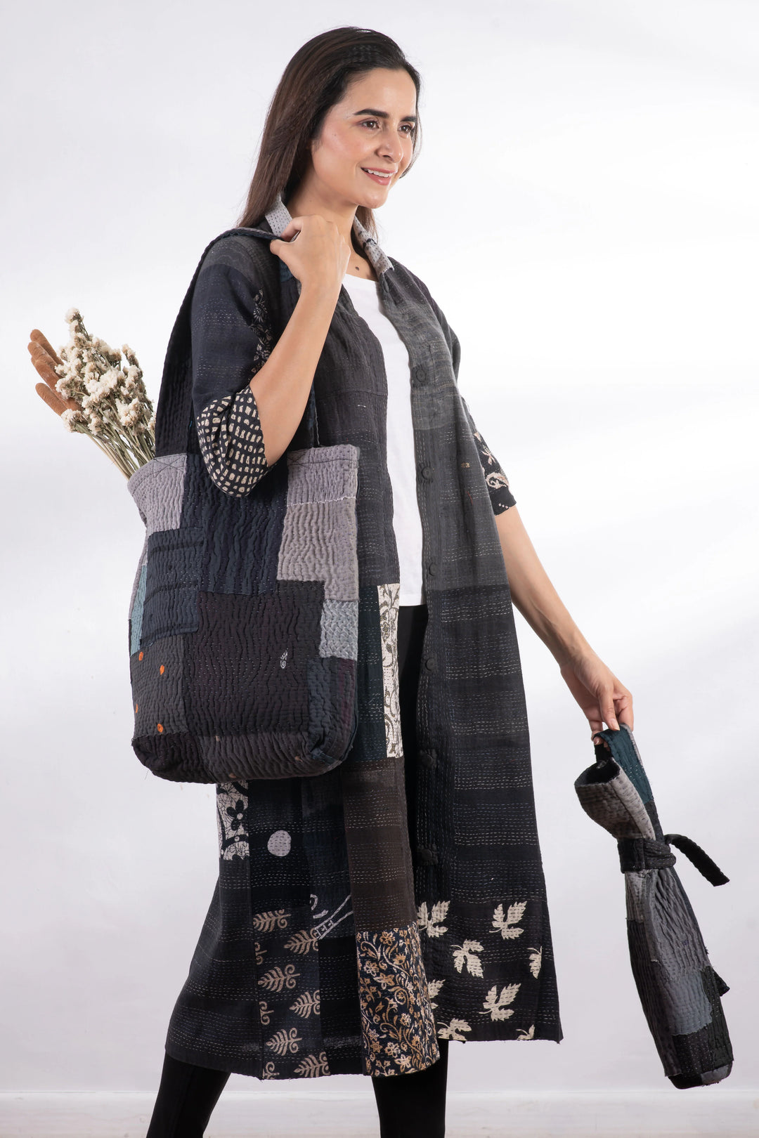 Landscape Handmade Vintage Kantha Tote Bag -Black
