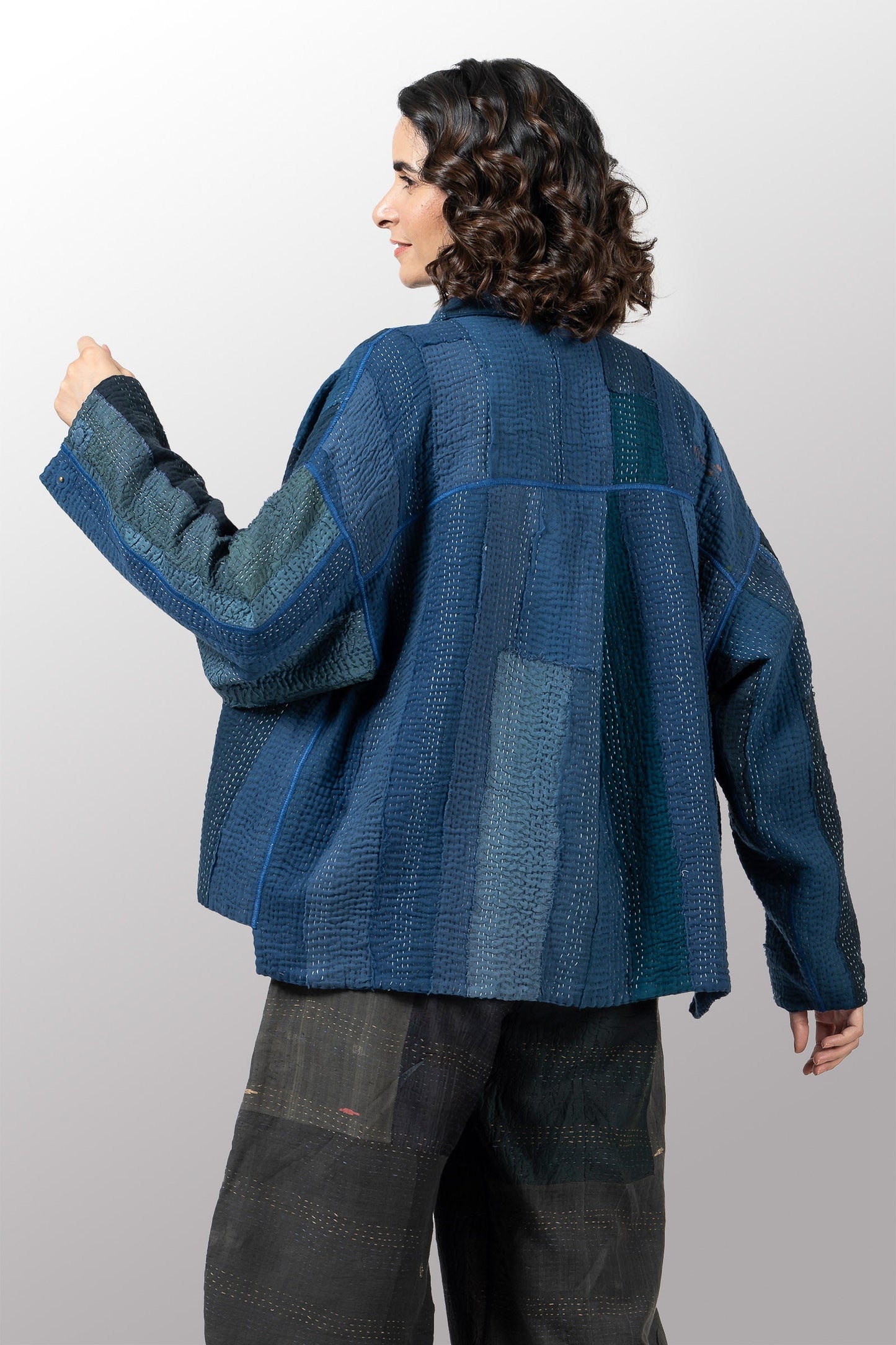 COTTON STRIPE PATCH KANTHA CROPPED SHIRT JACKET - cs4075-nvy -