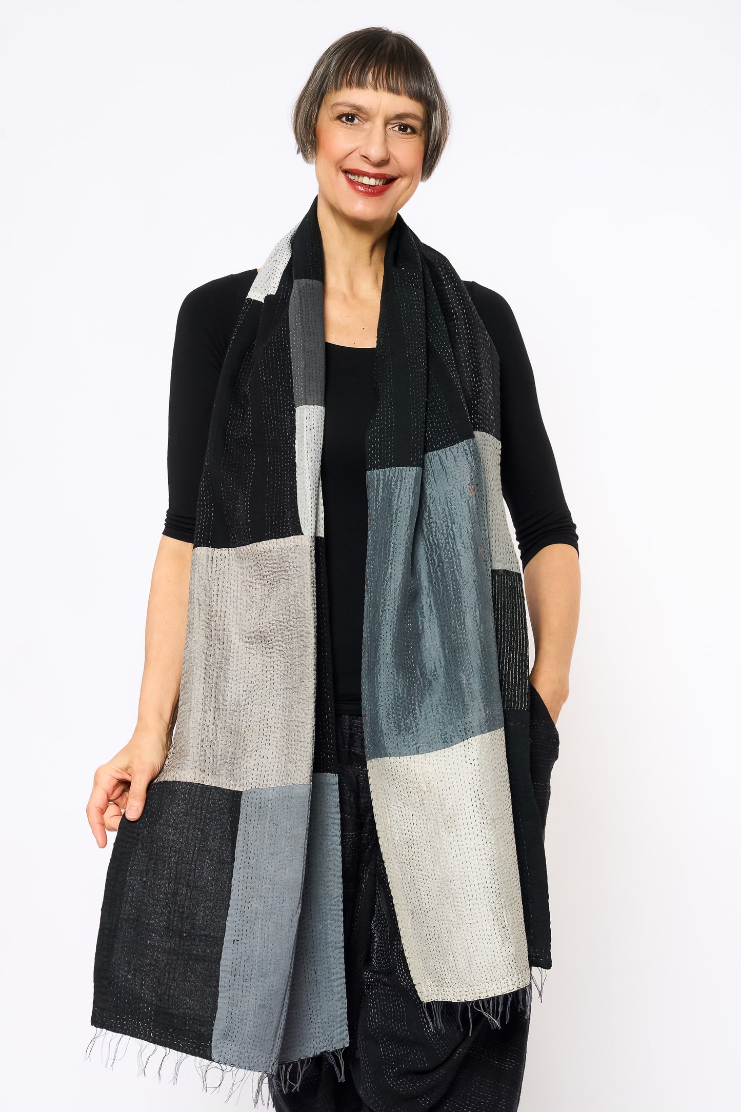 COTTON SILK SW PATCH OMBRE KANTHA SCARF STANDARD - wo2801-blk -