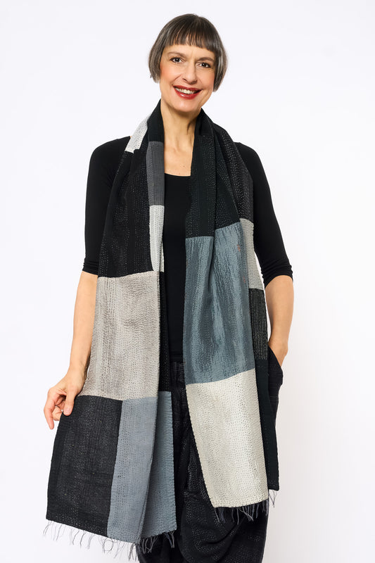 COTTON SILK SW PATCH OMBRE KANTHA SCARF STANDARD - wo2801-blk -