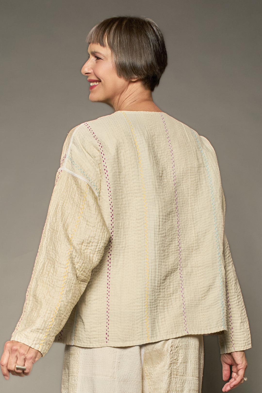 JEWEL WOVEN WITH VERTICAL PATCH KANTHA CREW NECK SHORT JACKET - jv4053-ivy -