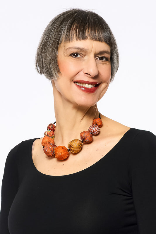 VINTAGE SILK KANTHA NUTS SHORT NECKLACE - sv2700-org -