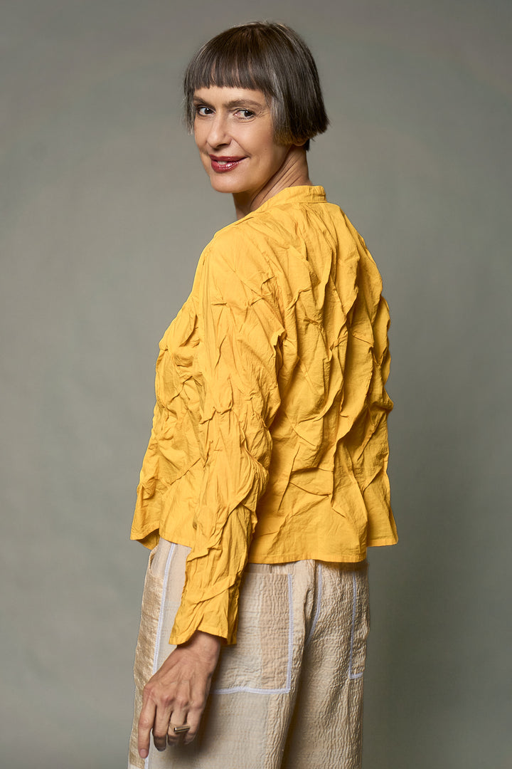 POLISHED COTTON WAVY CROPPED BAND COLLAR SHRT-NON DYED - wl1t109-ylw -