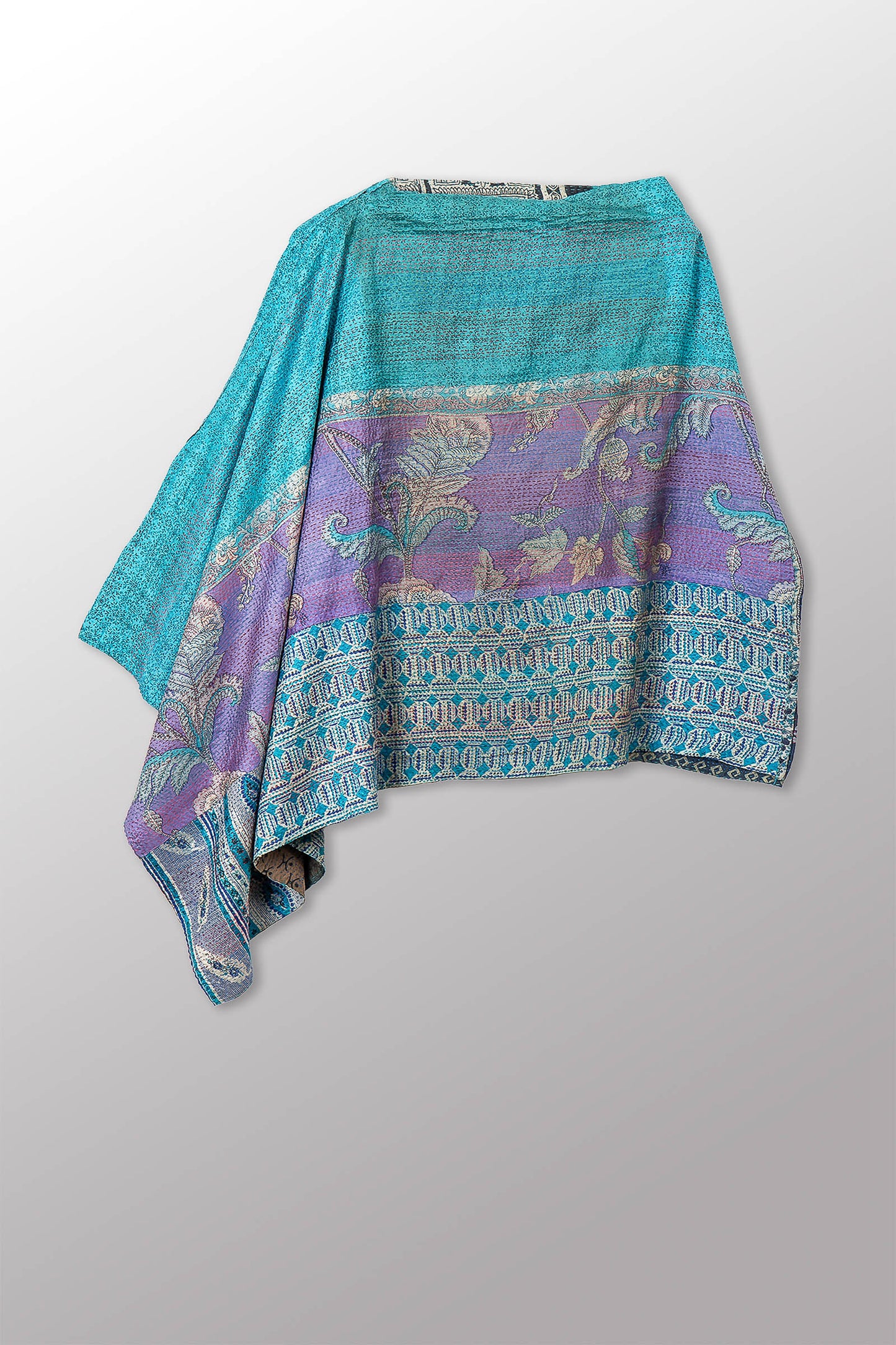 VINTAGE SILK KANTHA LONG CAPE - sv2841-0006a -
