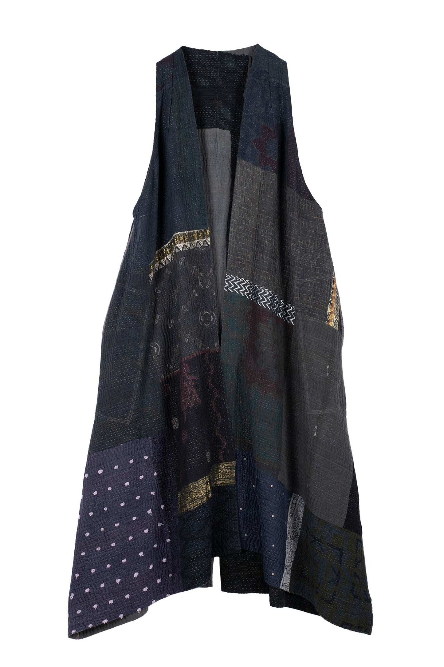 COTTON SILK SW PATCH KANTHA BACK PLEATED VEST MAXI - ws4222-blk -