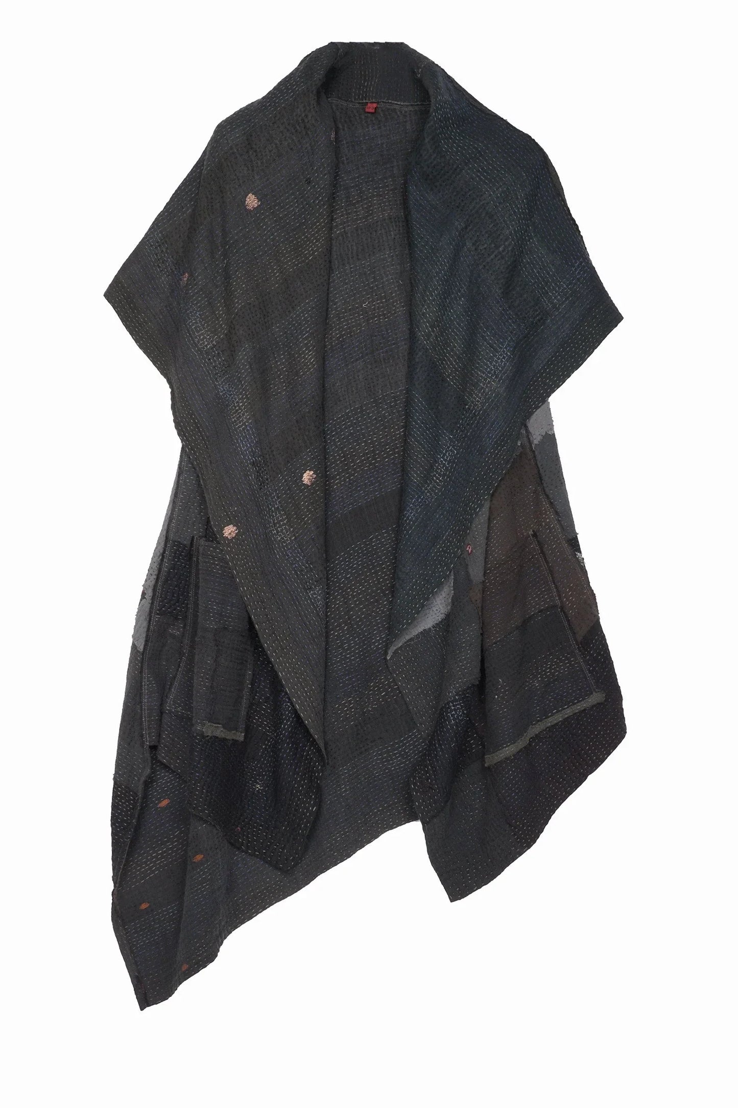 LANDSCAPE FRAYED PATCH KANTHA SLANT HEM HOODED VEST - lf2212-gry -