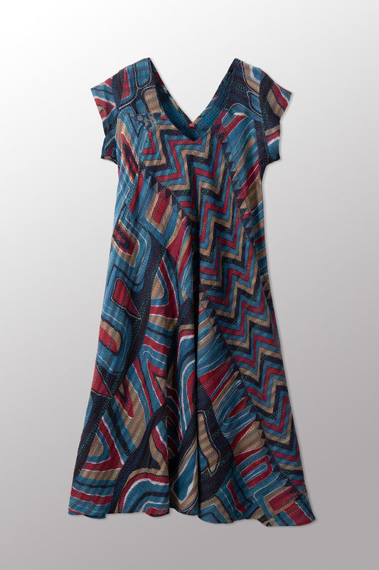 VINTAGE SILK GEORGETTE COTTON KANTHA CAP SLV. FLARE DRESS - gc2425-0001m -