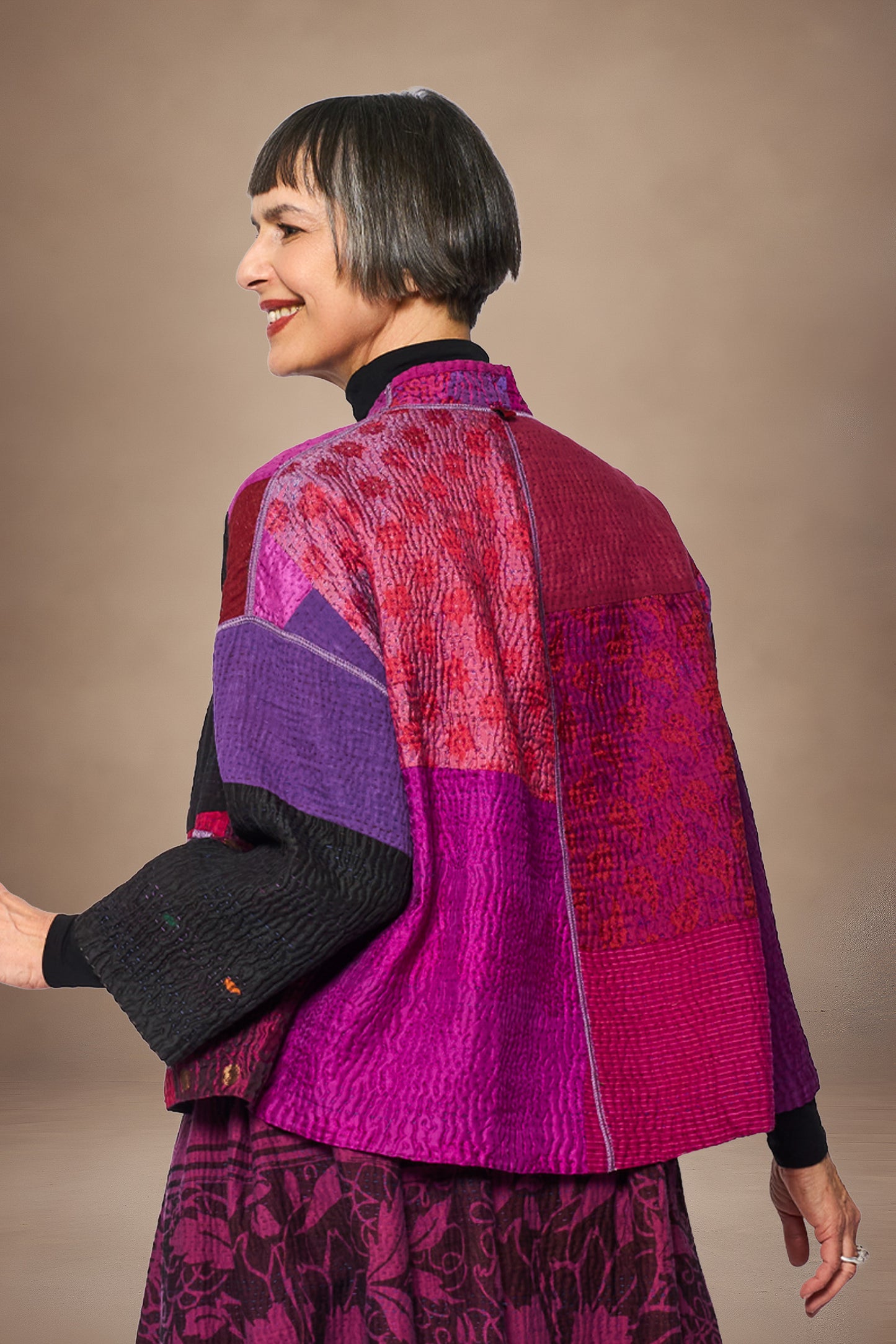 AMETHYST COTTON SILK KANTHA STAND COLLAR CROPPED JACKET - oc4034-prp -