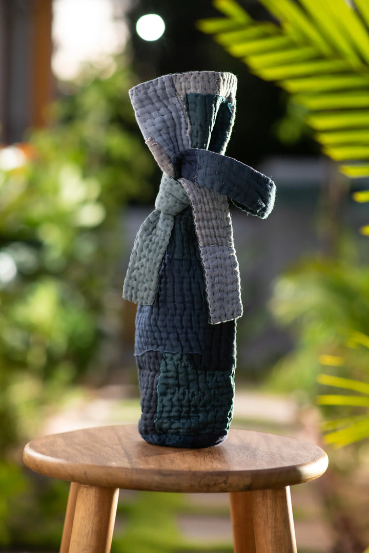 Landscape Handmade Vintage Kantha Wine Bag -Navy
