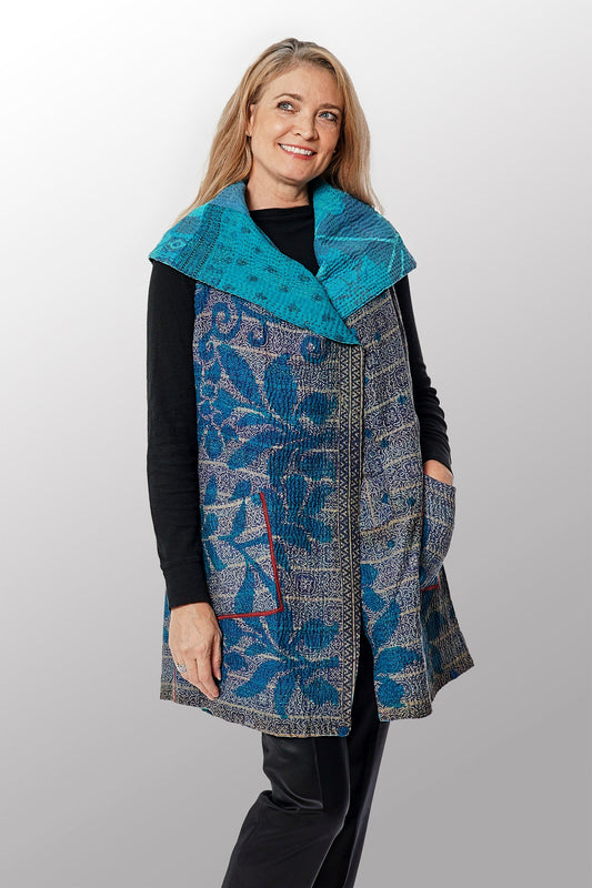 COTTON OVERDYE KANTHA CIRCULAR VEST - ov4201-ctel003a -