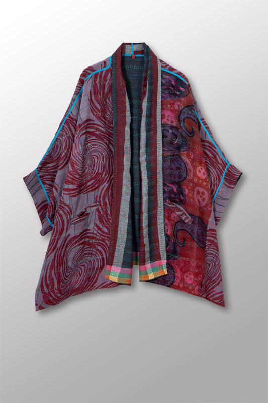 VINTAGE SILK GEORGETTE COTTON KANTHA DOUBLE COLLAR PONCHO - gc2323-0003a -