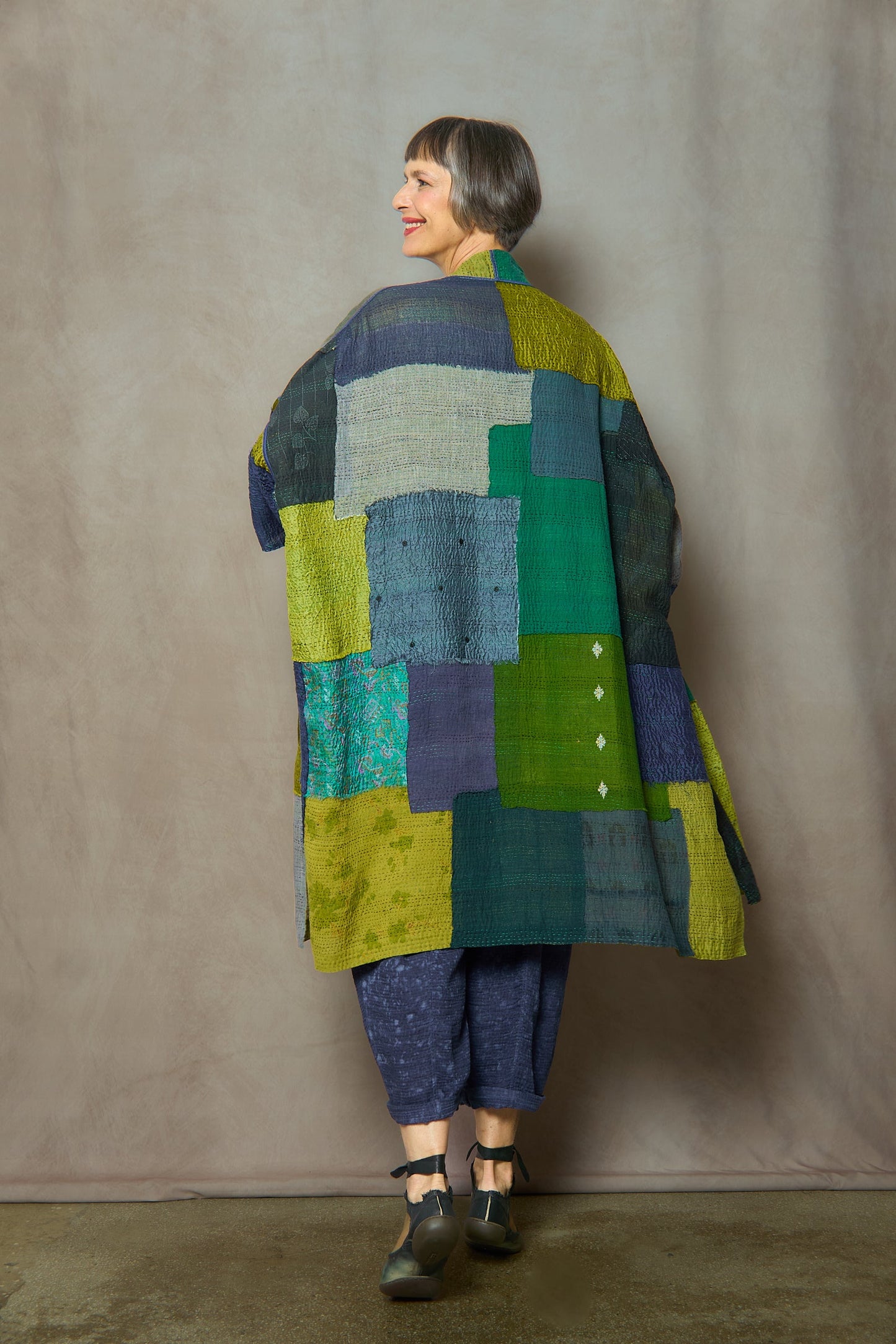 MARBLE FRAY PATCH KANTHA PONCHO TOPPER - mf2356-grn -