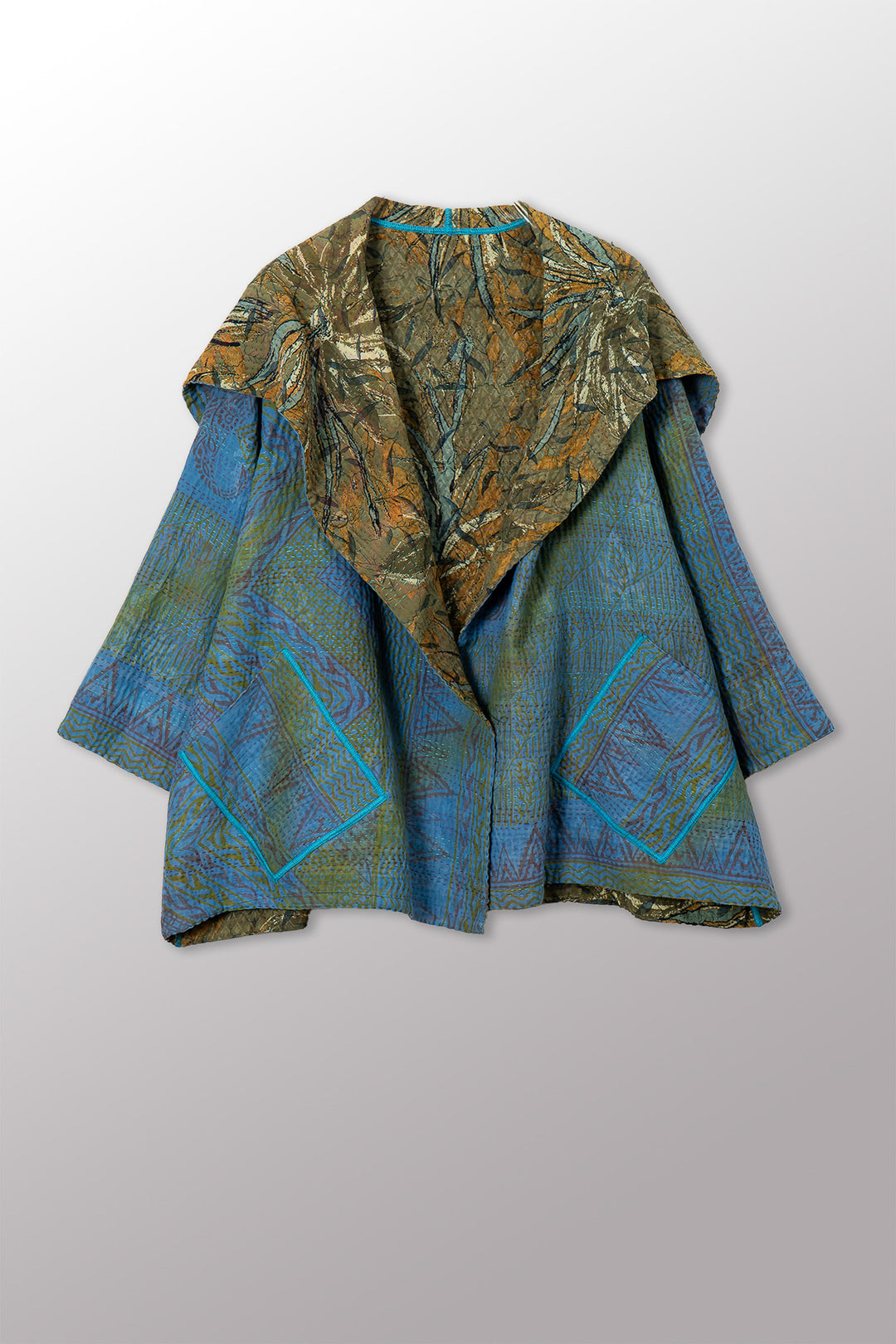 VINTAGE SILK GEORGETTE COTTON KANTHA FLARE JACKET - gc4010-0003a -