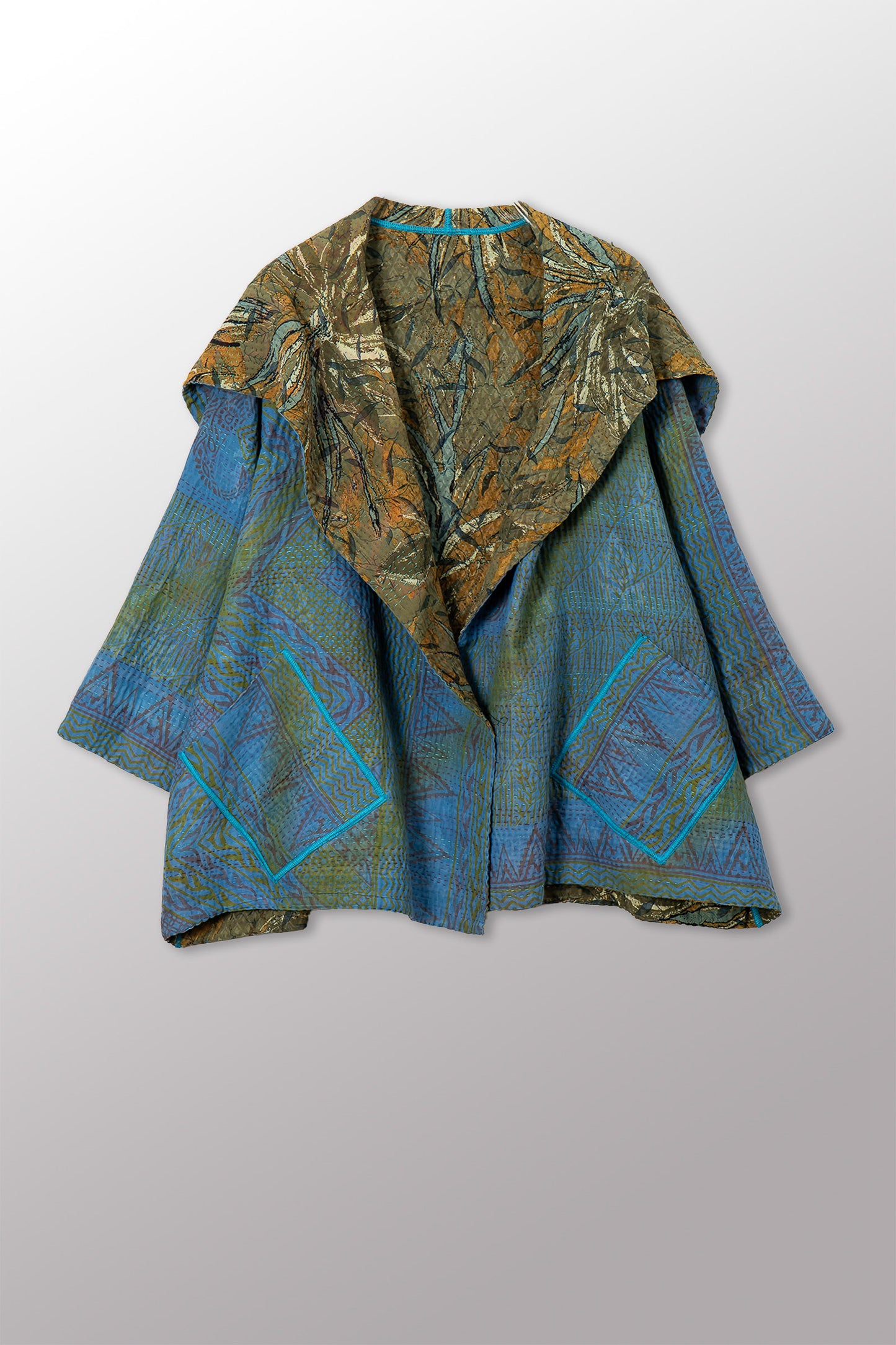VINTAGE SILK GEORGETTE COTTON KANTHA FLARE JACKET - gc4010-0003a -