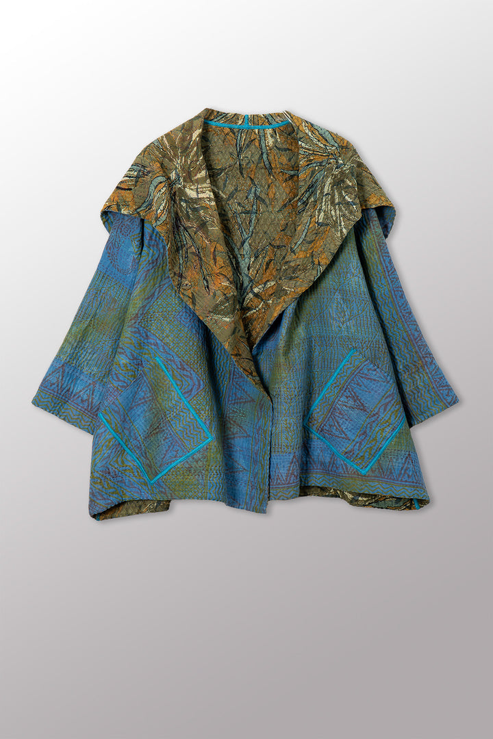 VINTAGE SILK GEORGETTE COTTON KANTHA FLARE JACKET - gc4010-0003a -
